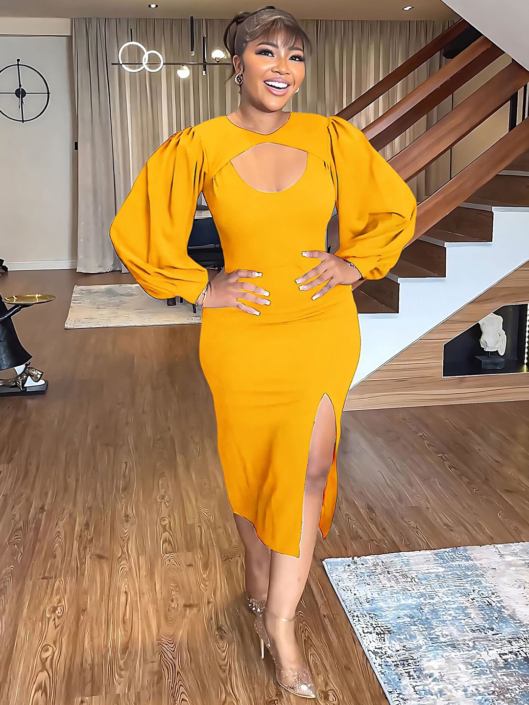 

LULU & SKY Puff Sleeves Sheath Midi Dress, Yellow
