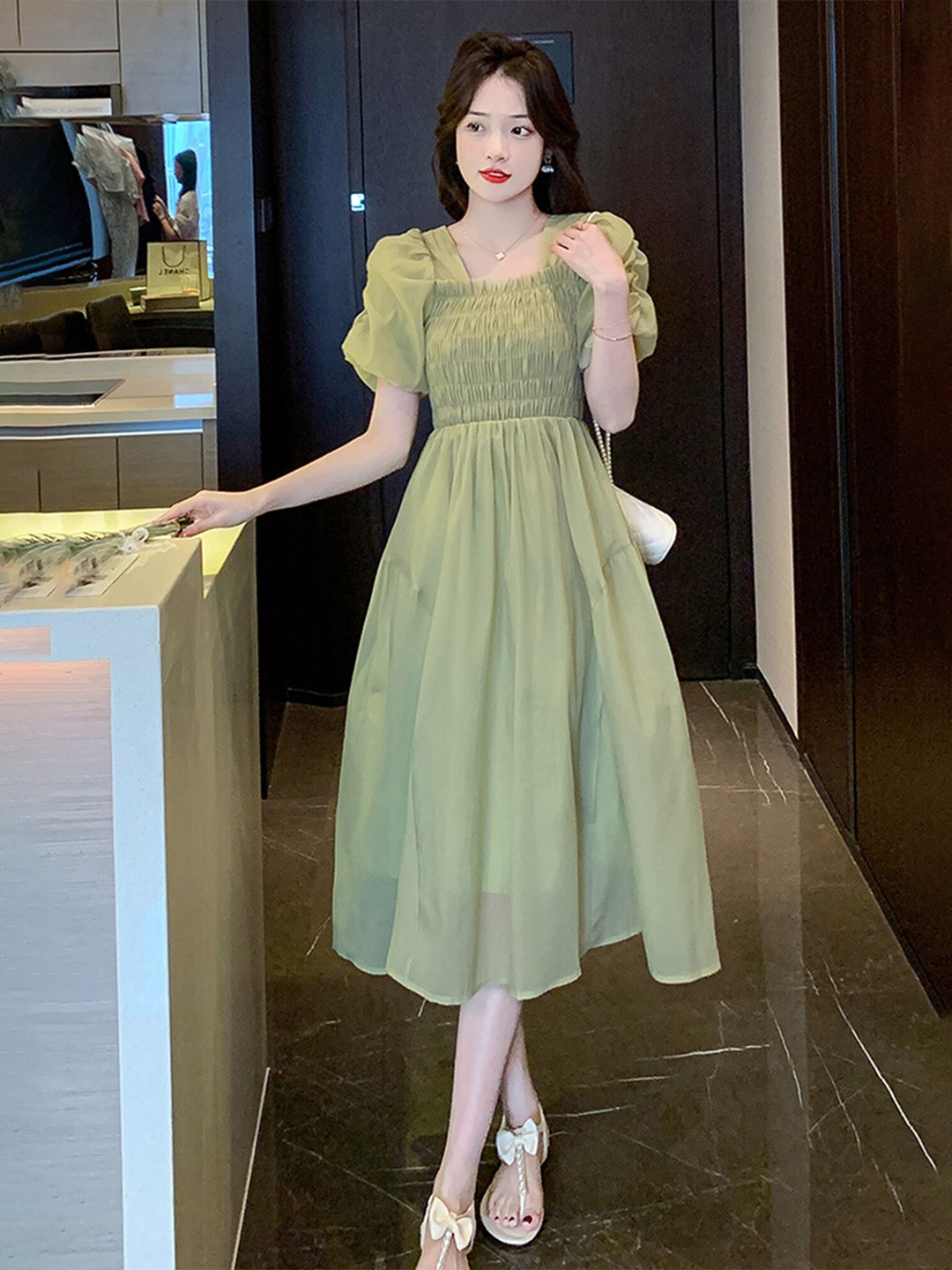 

LULU & SKY Square Neck Puff Sleeves Smocked Detailed Fit & Flare Midi Dress, Green