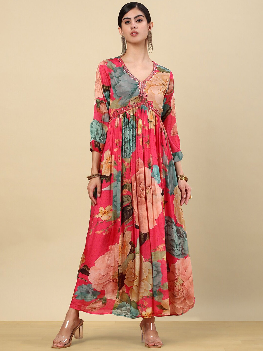 

Soch Floral Printed Embroidered V-Neck Cotton Maxi Empire Ethnic Dresses, Pink