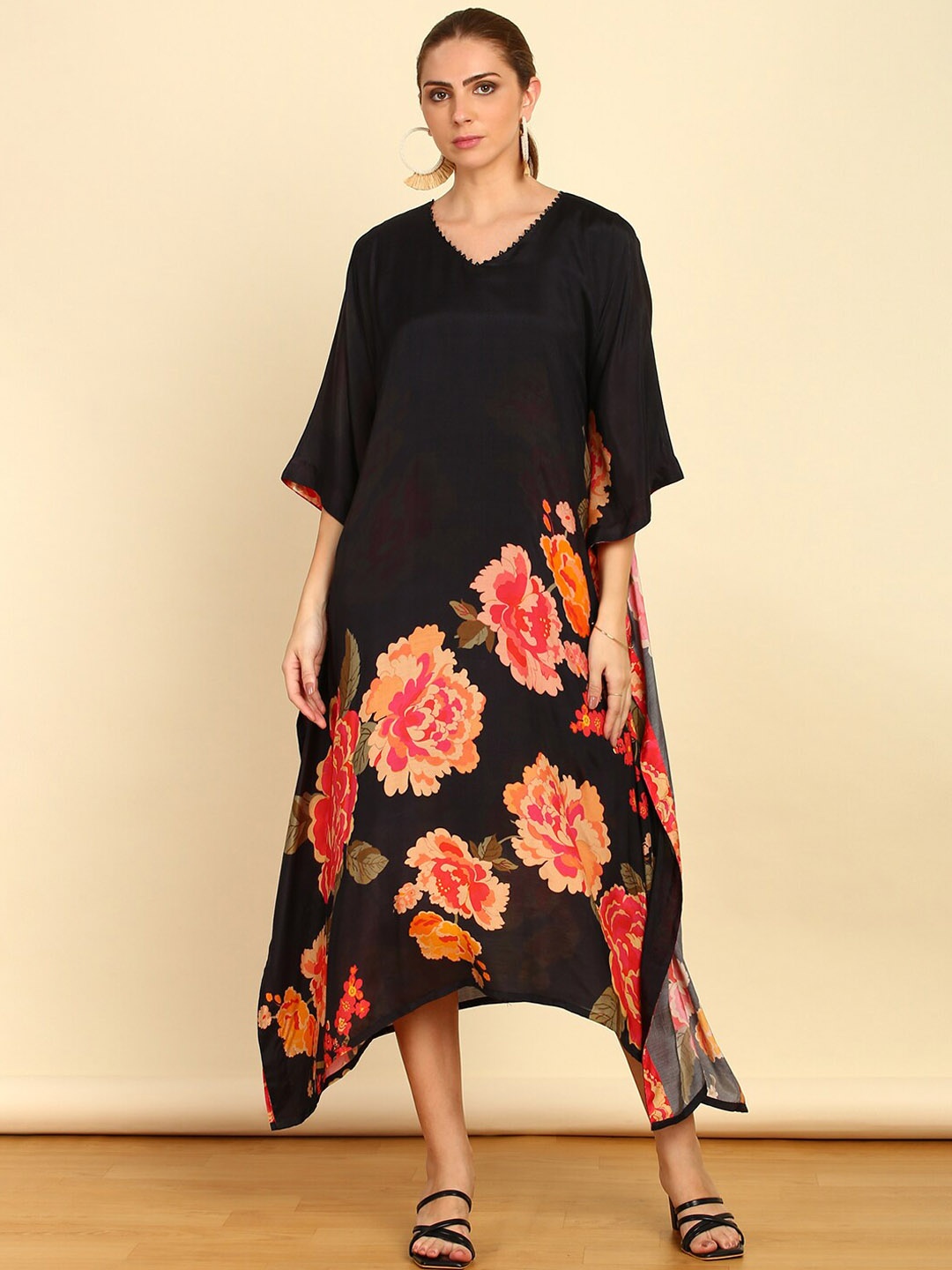 

Soch V Neck Floral Printed Kimono Sleeve Kaftan Midi Dress, Black