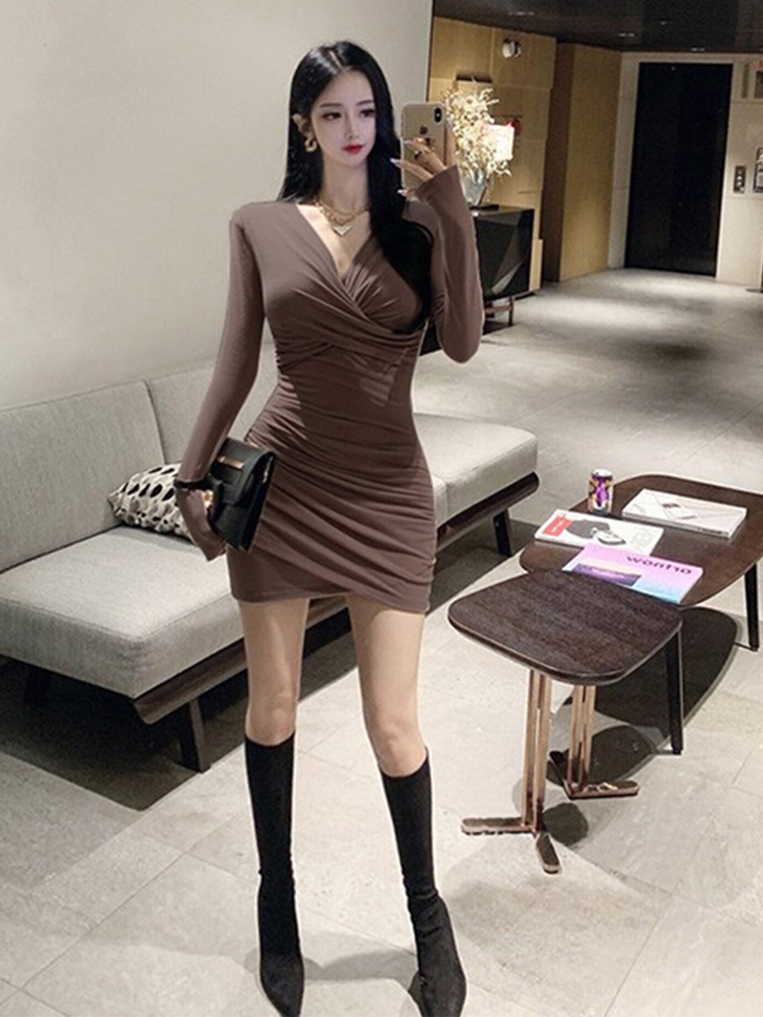 

LULU & SKY V-Neck Long Sleeves Gathered Ruched Bodycon Dress, Coffee brown