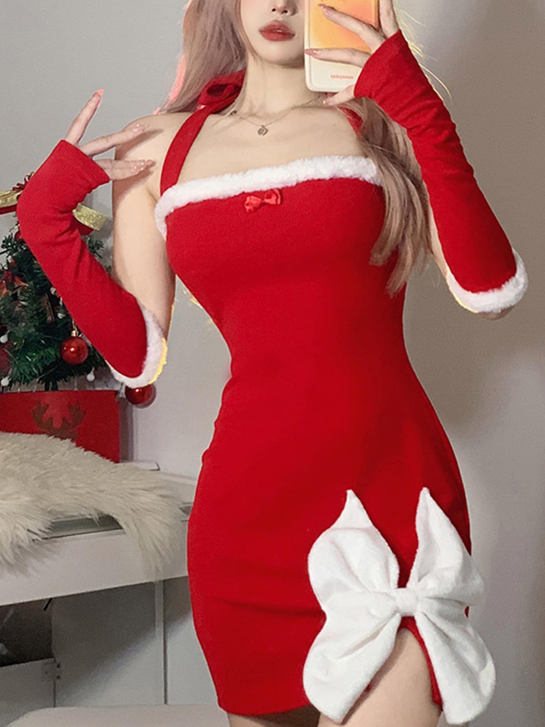 

LULU & SKY Halter Neck Bodycon Dress With Gloves, Red