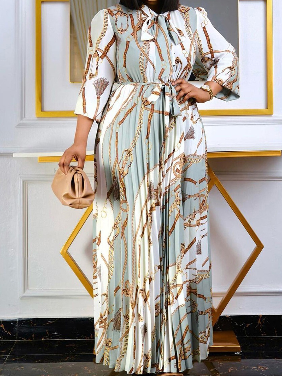 

LULU & SKY Geometric Printed Pleated Maxi Dress, Green