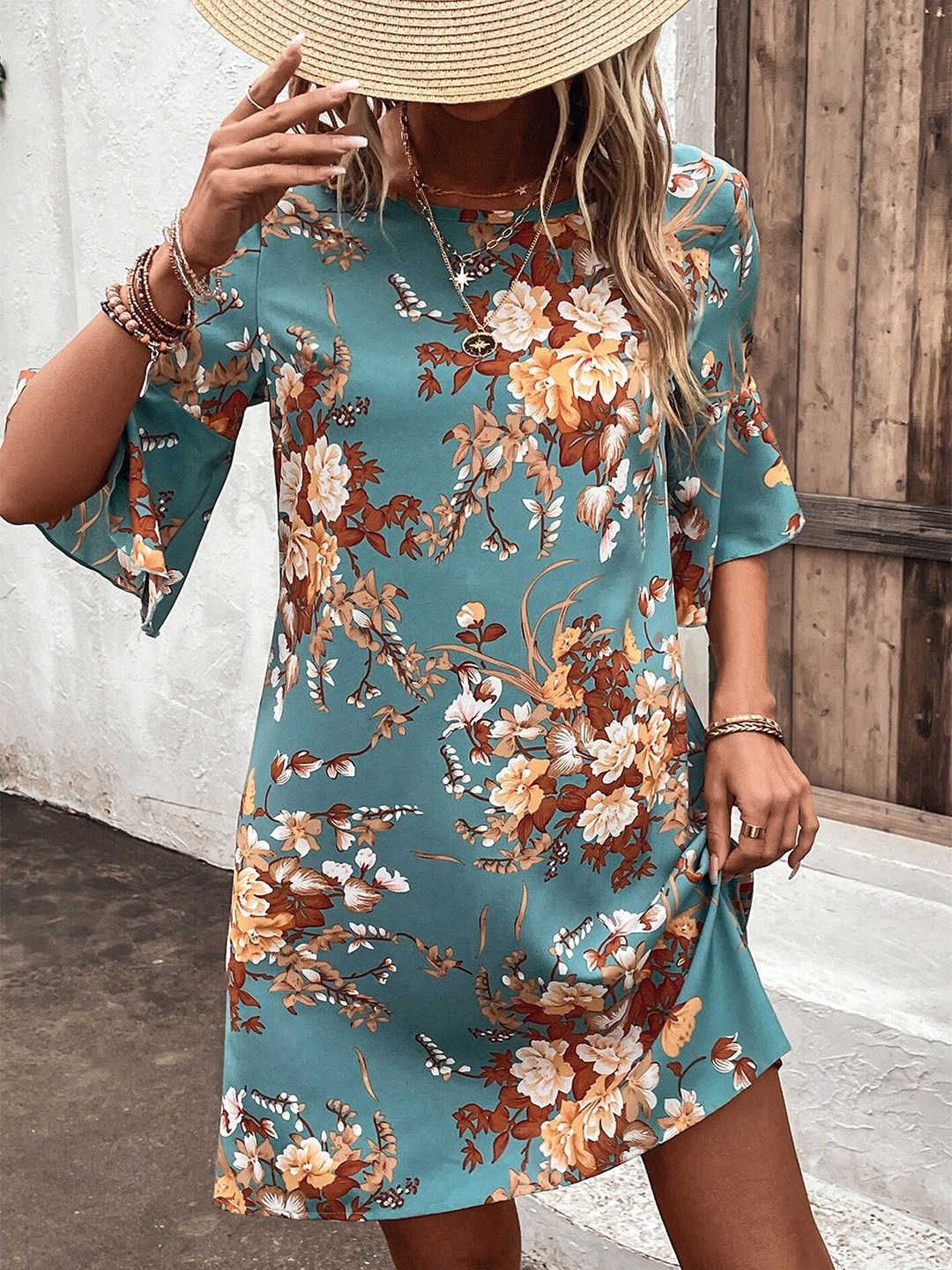 

LULU & SKY Floral Printed Bell Sleeves Sheath Dress, Green