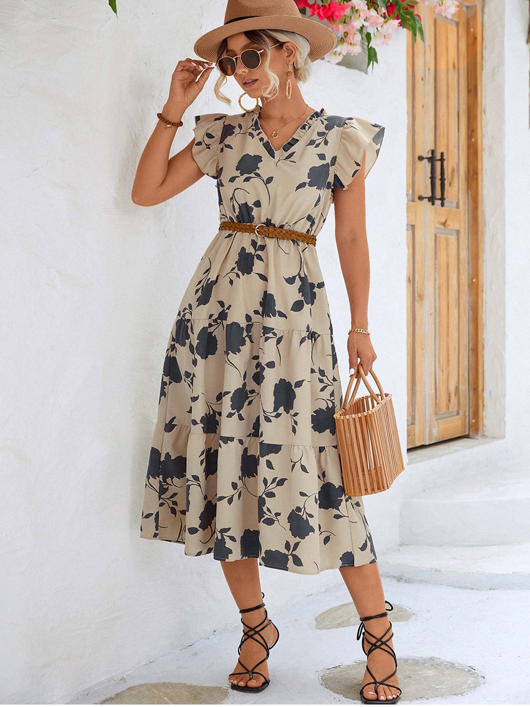 

LULU & SKY Floral Printed Flutter Sleeve Fit & Flare Midi Dress With Belt, Beige