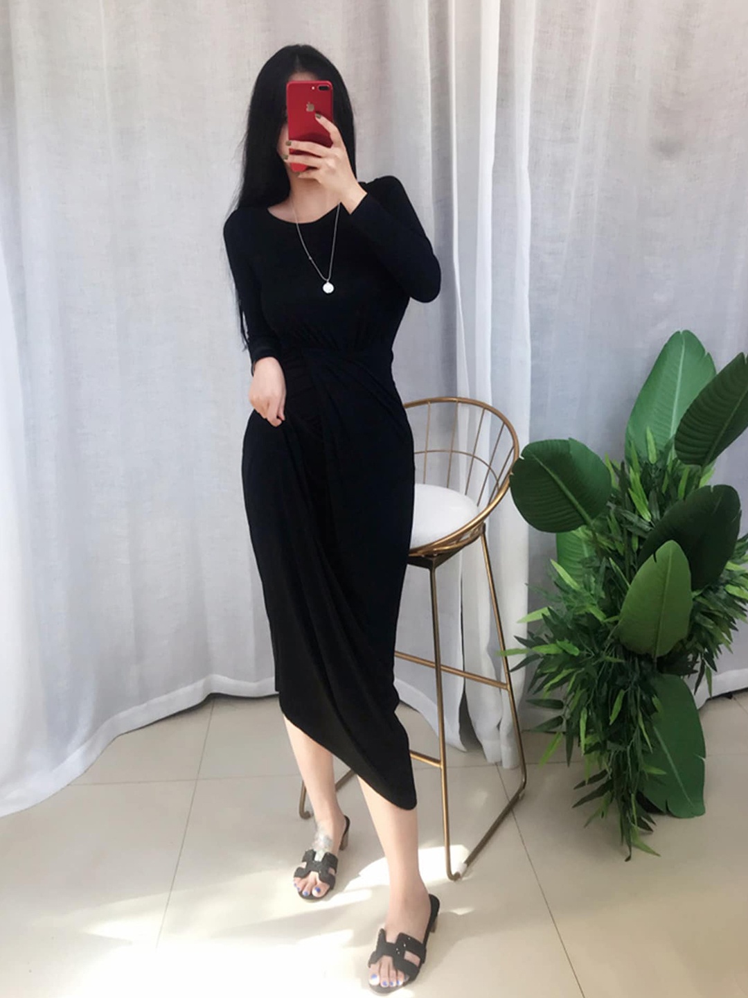 

LULU & SKY Twisted Waist Long Sleeves Sheath Midi Dress, Black