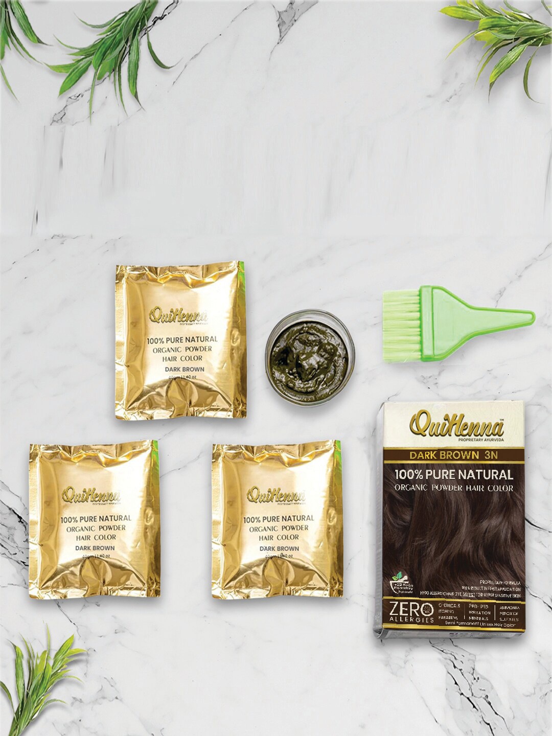 

QUIKHENNA 3-Pc Pure Natural Organic Powder Hair Color with Amla 40 g each - Dark Brown 3N