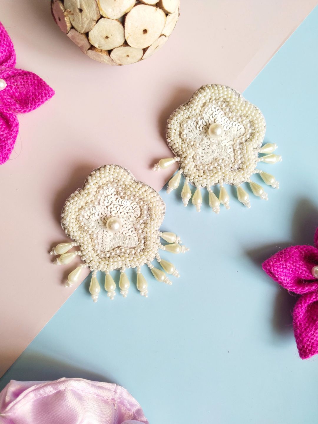 

DressBerry White Beaded Bohemian Floral Stud Earrings