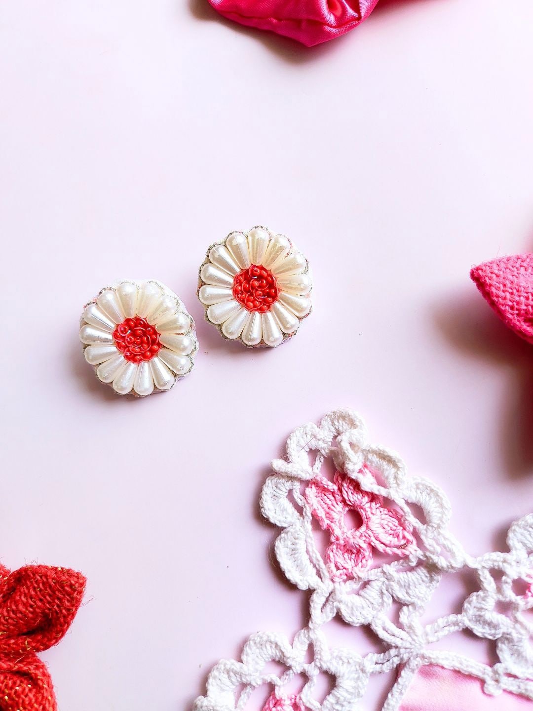 

DressBerry Red & White Beaded Bohemian Floral Stud Earrings