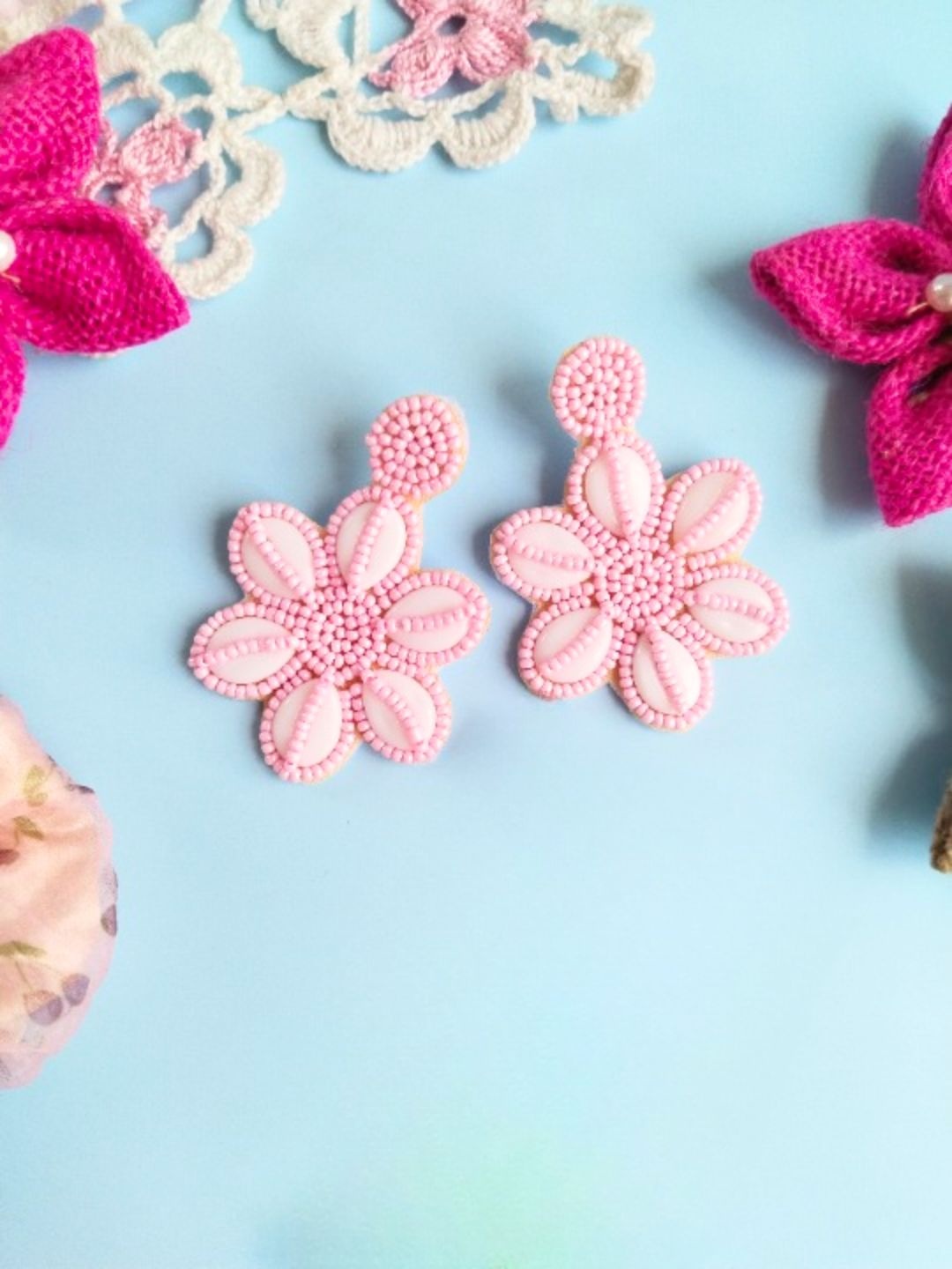 

DressBerry White Beaded Floral Stud Earrings, Pink