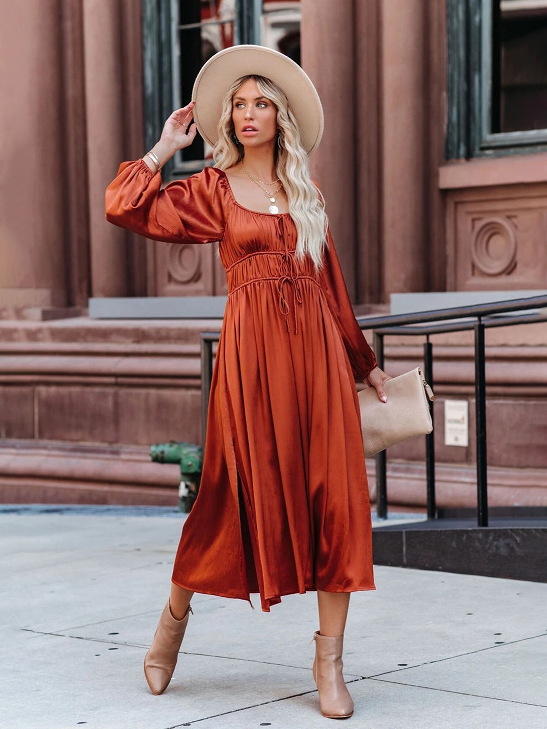 

LULU & SKY Square Neck Puff Sleeve Gathered A-Line Midi Dress, Orange