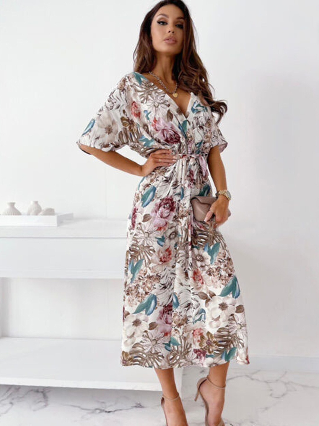 

LULU & SKY Floral Printed Flared Sleeves Fit & Flare Midi Dress, Green