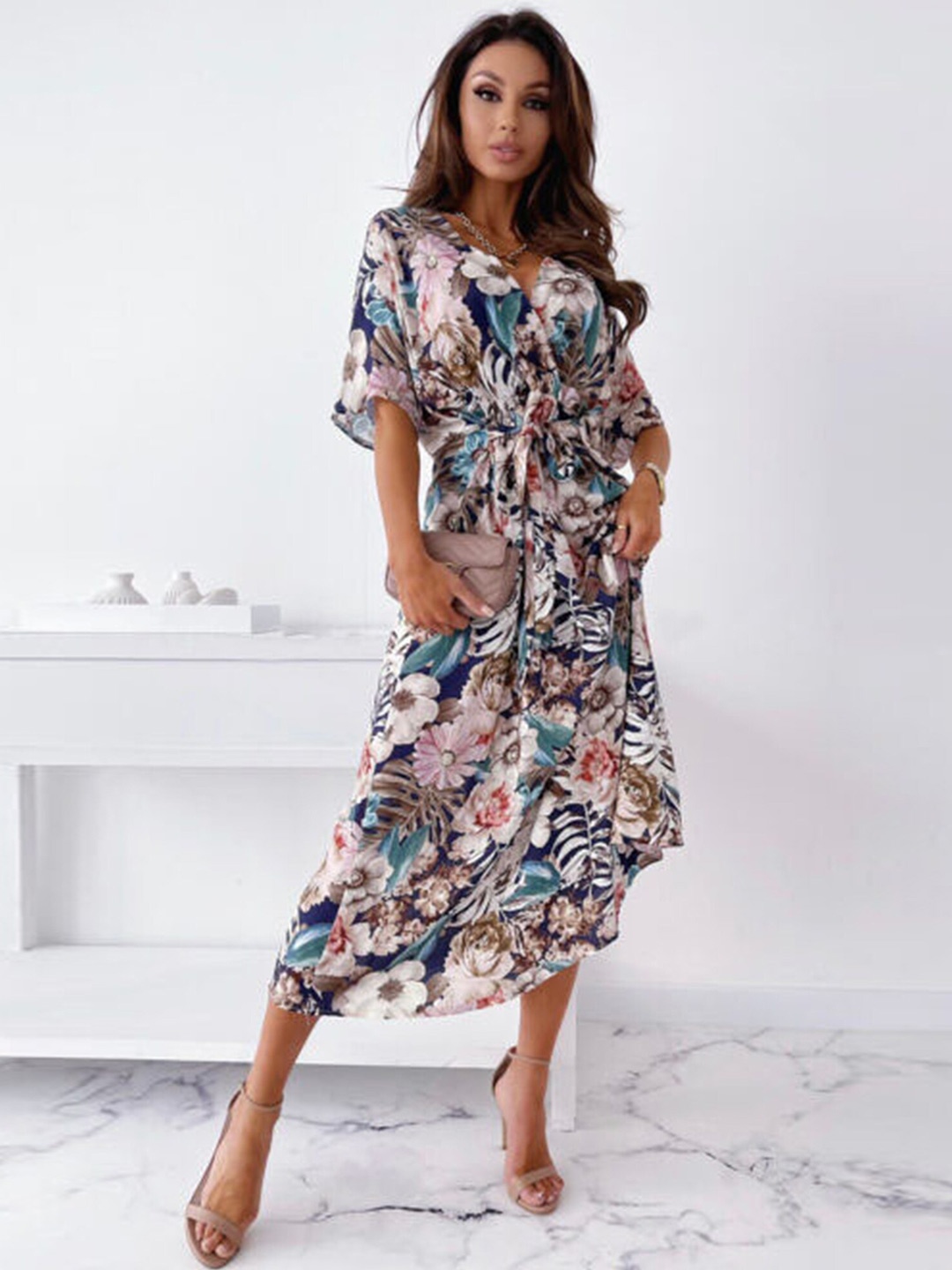 

LULU & SKY Floral Printed Flared Sleeve Fit & Flare Midi Dress, Navy blue