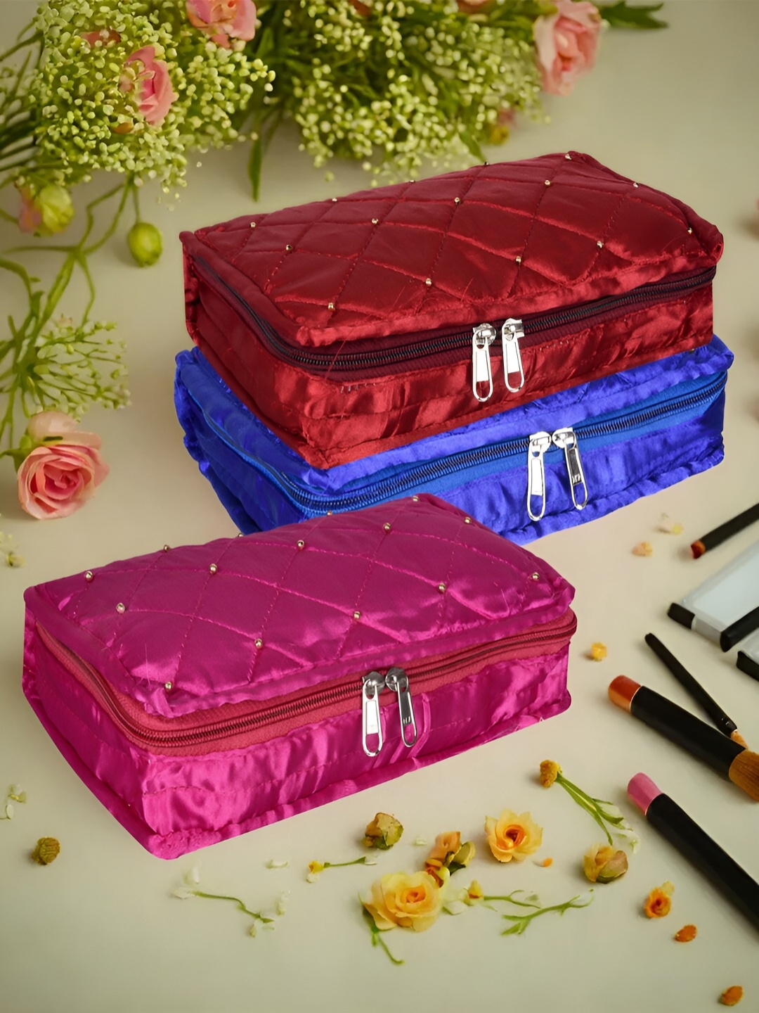 

Kuber Industries Pink & Blue 3 Pieces Self Design Reusable Jewellery Organisers