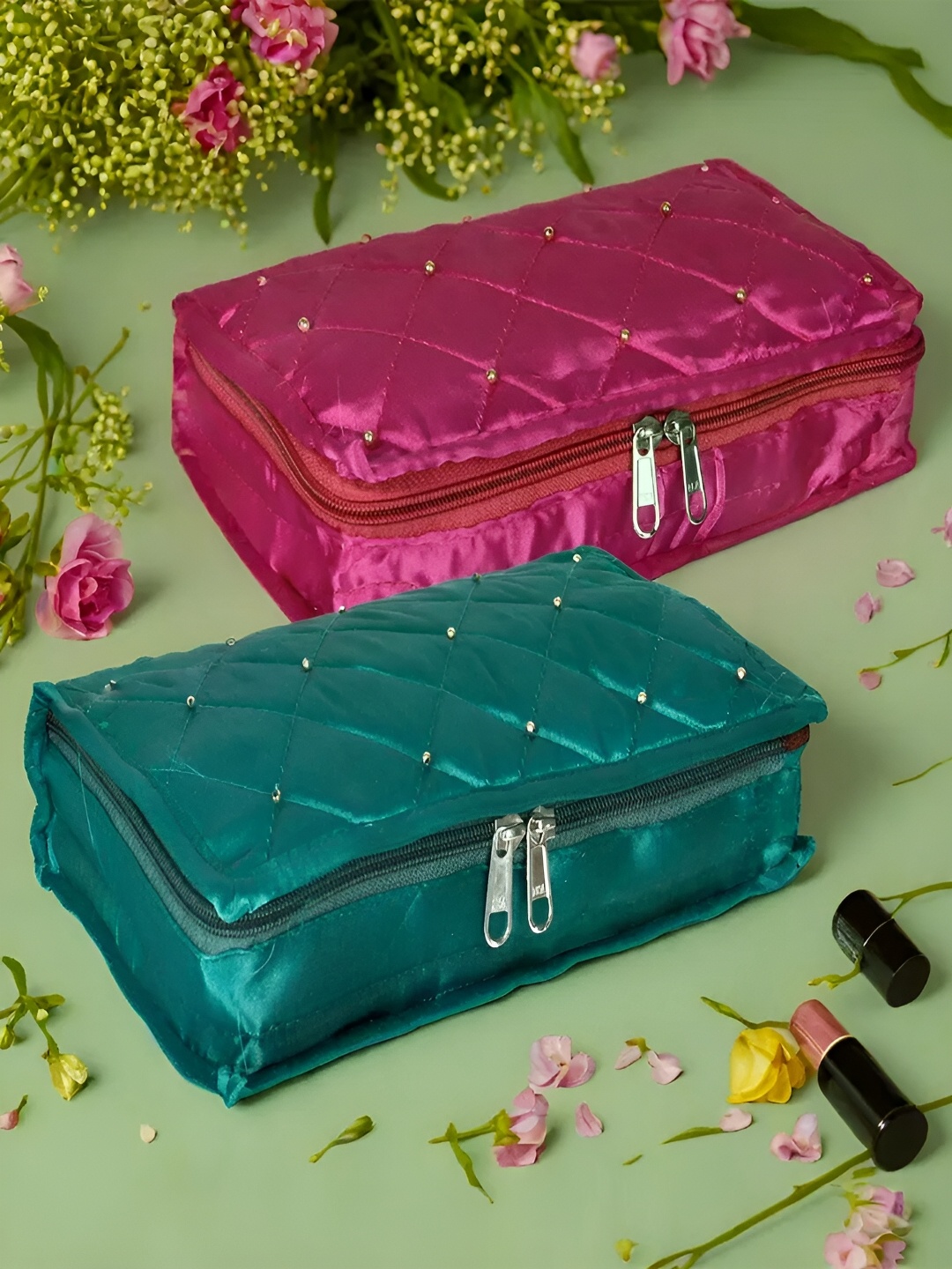

Kuber Industries Pink & Green 2 Pieces Self Design Reusable Jewellery Organisers