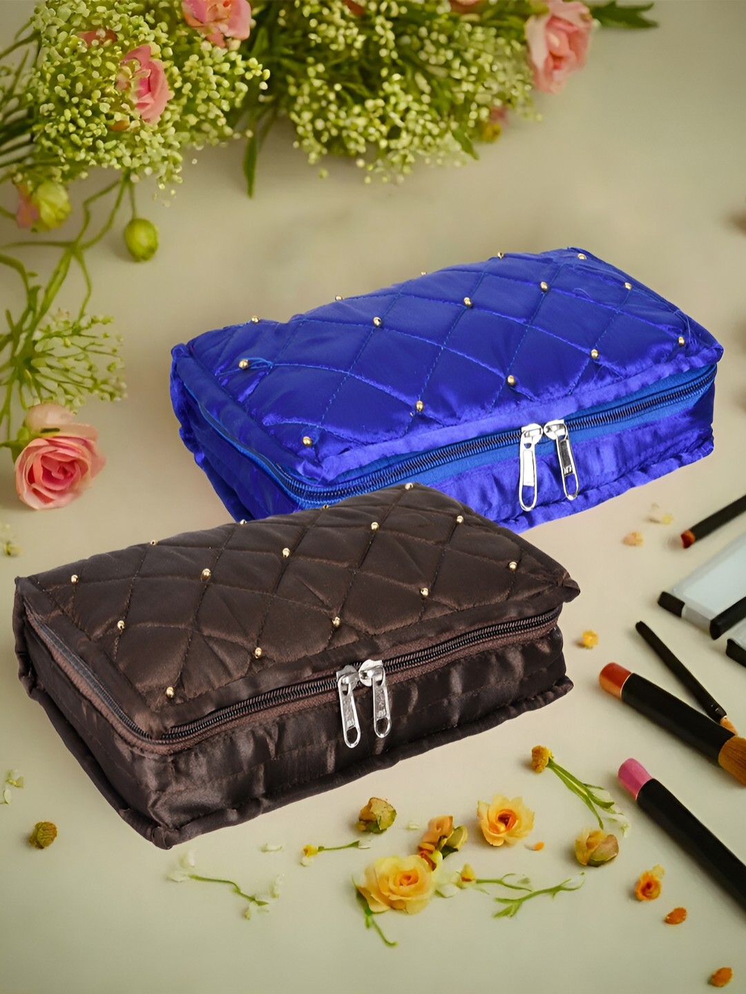 

Kuber Industries Blue & Brown 2 Pieces Textured Satin Jewellery Organisers