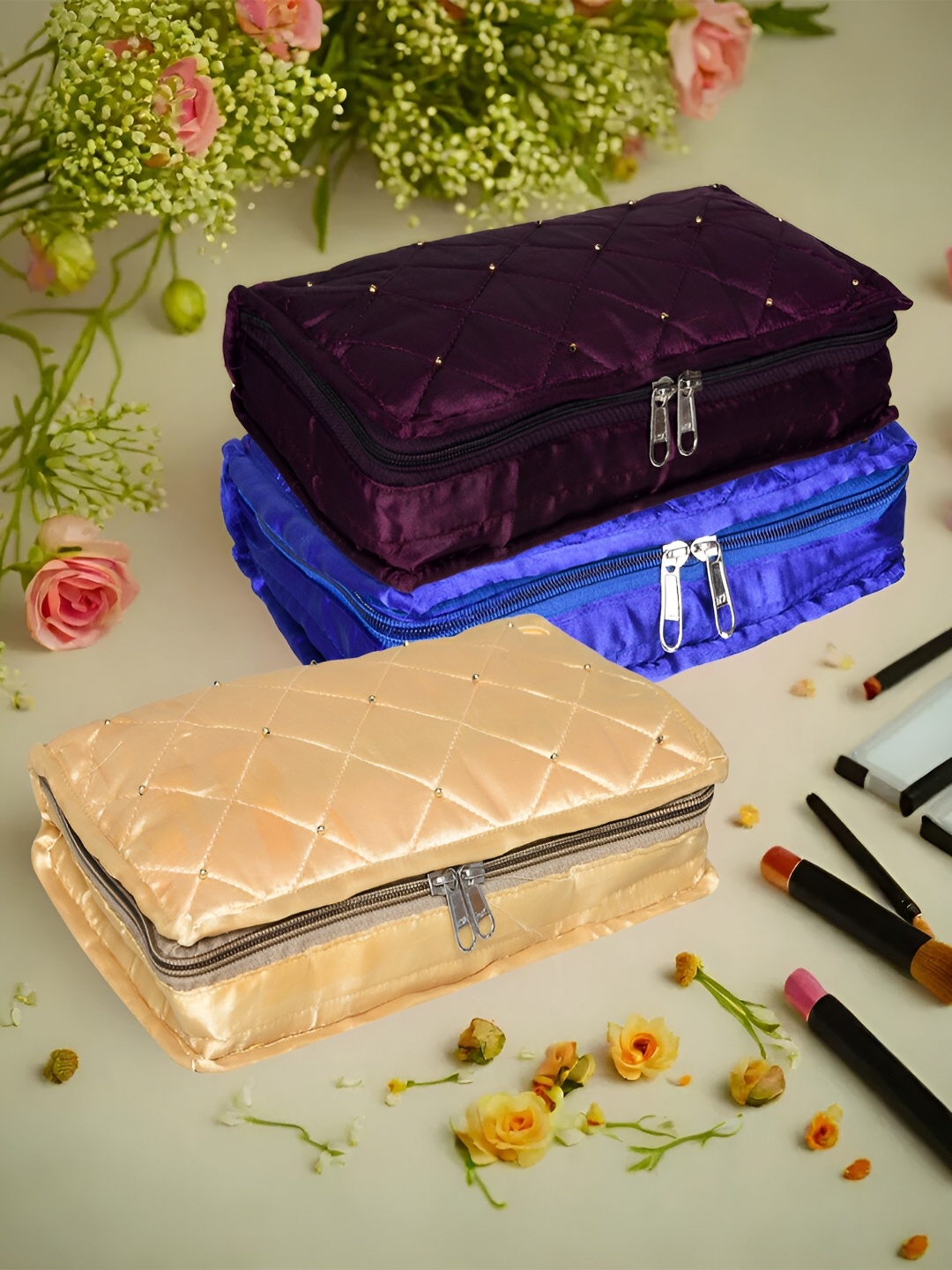 

Kuber Industries Gold Toned & Purple 3 Pieces Textured Satin Jewellery Organisers