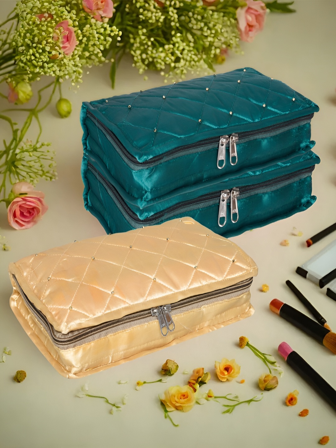 

Kuber Industries Gold-Toned & Green 3 Pieces Self Design Reusable Jewellery Organisers