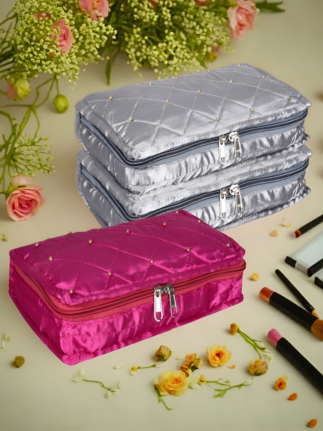 

Kuber Industries Pink 3 Pieces Reusable Jewellery Organisers