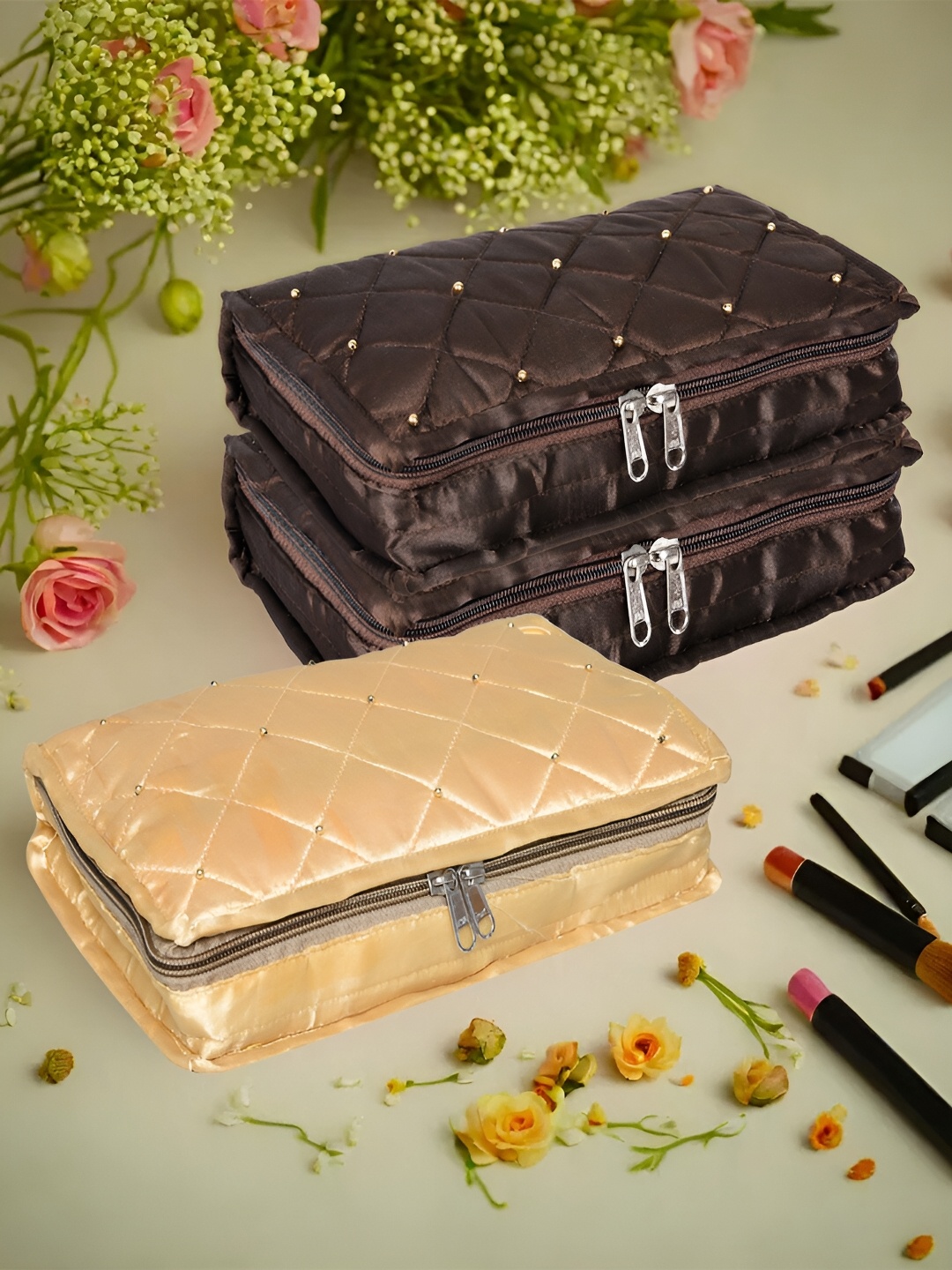 

Kuber Industries Beige & Brown 3 Pieces Self Design Reusable Jewellery Organisers