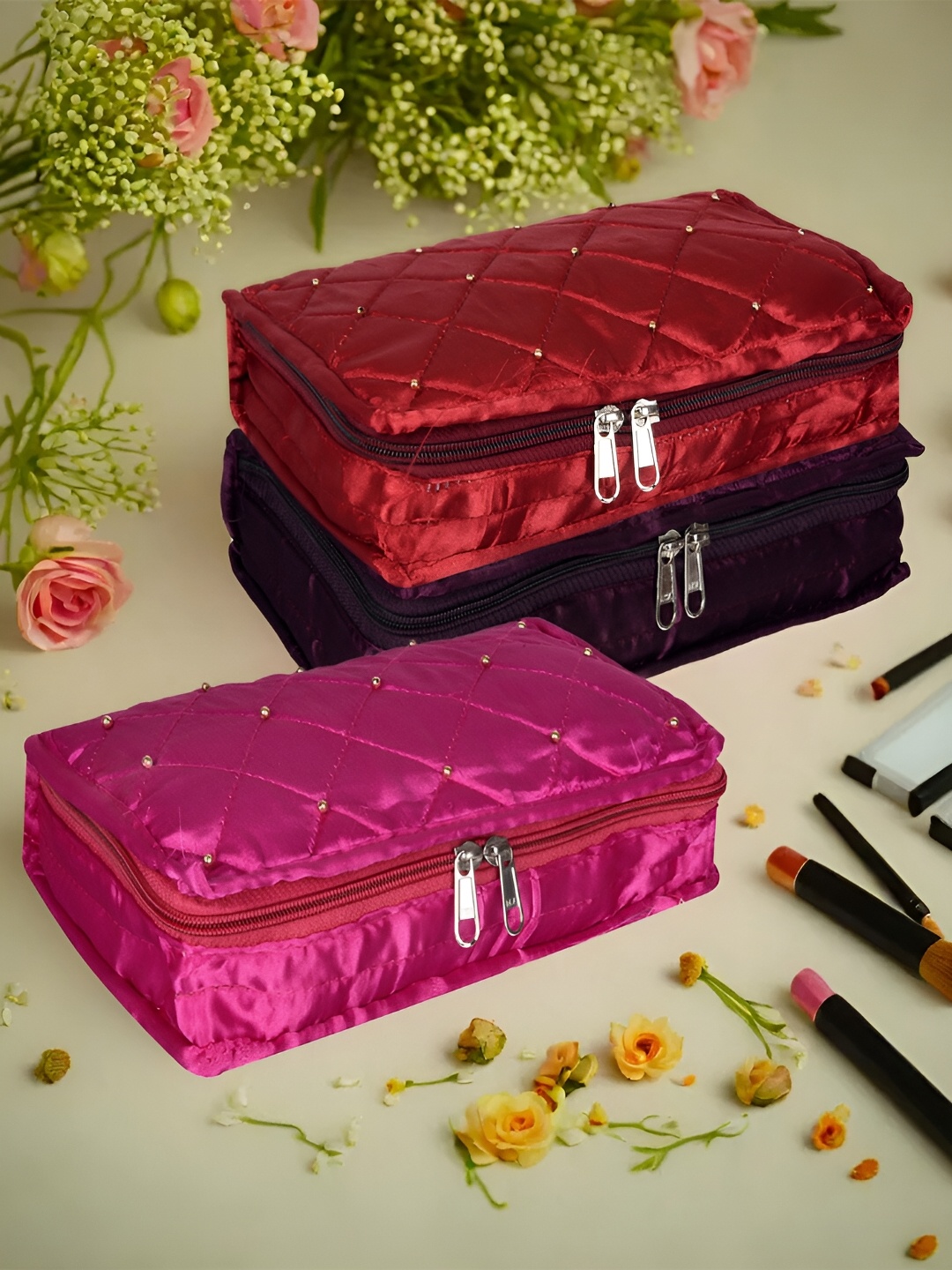 

Kuber Industries Pink 3 Pieces Reusable Jewellery Organisers
