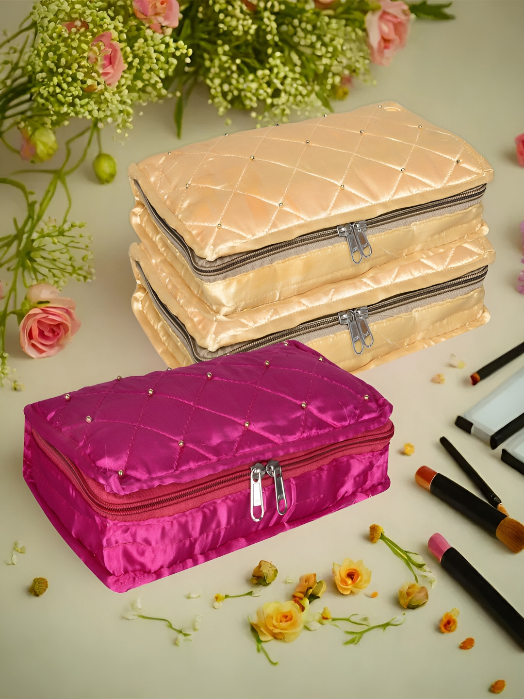 

Kuber Industries Beige & Purple 3 Pieces Self Design Reusable Jewellery Organisers