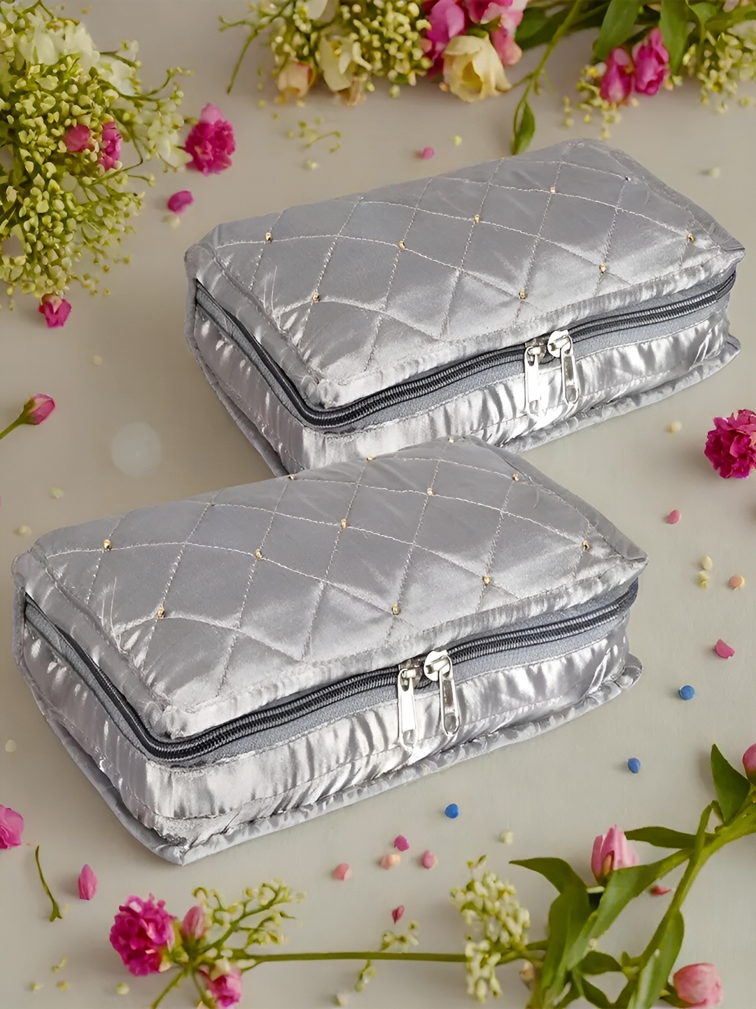 

Kuber Industries Grey 2 Pieces Textured Satin Jewellery Organisers