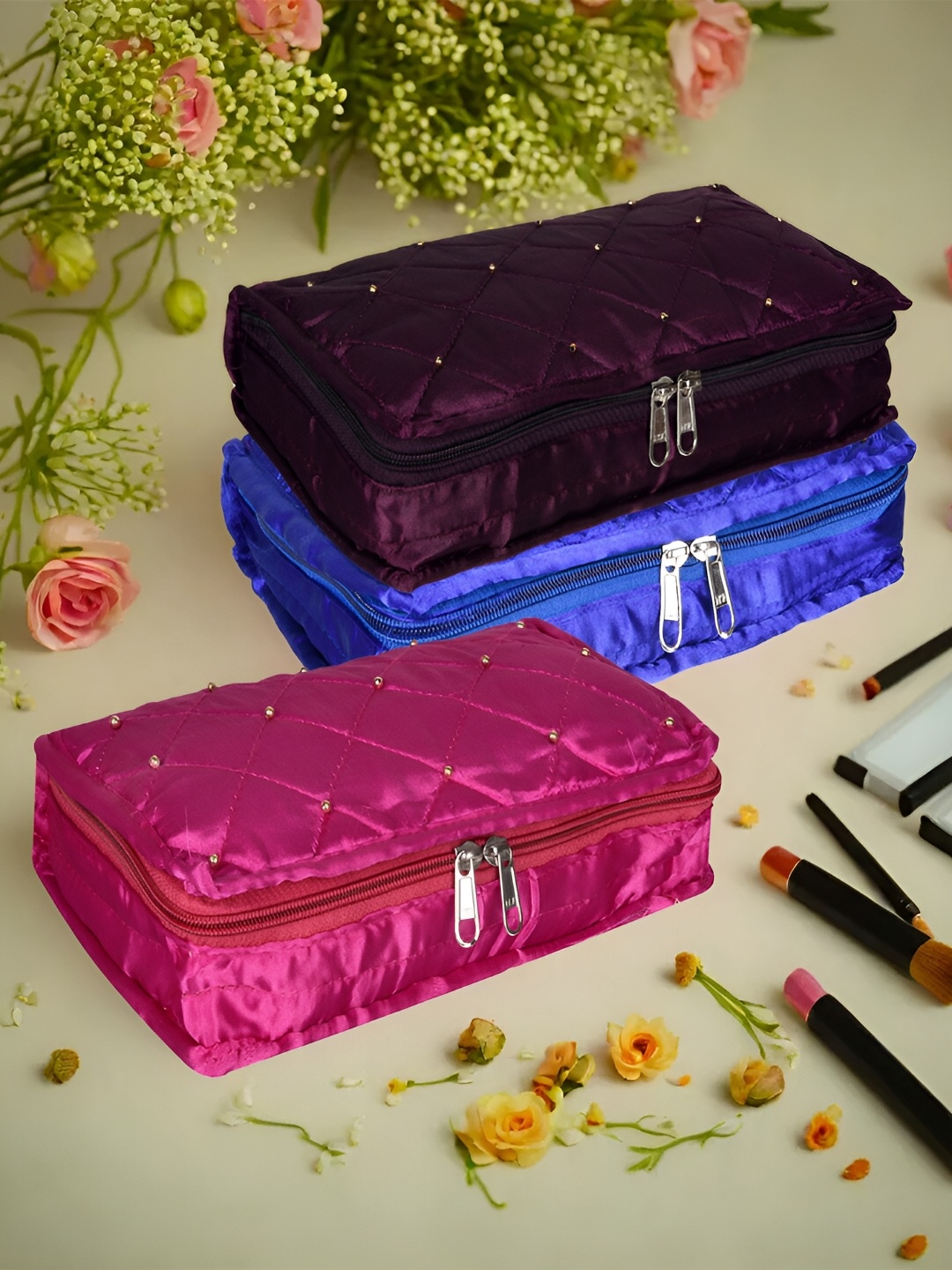 

Kuber Industries Pink & Blue 3 Pieces Textured Satin Jewellery Organisers