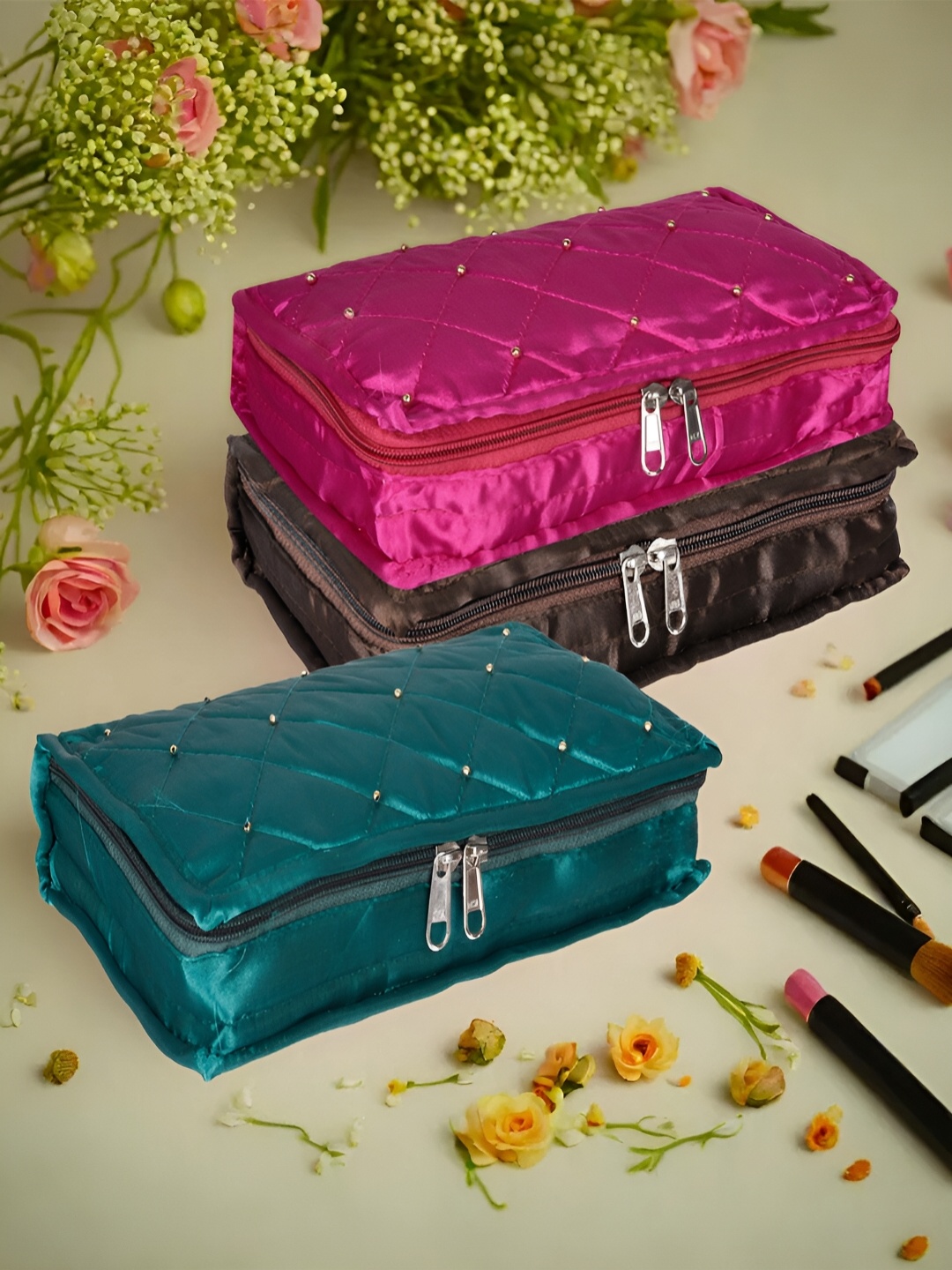 

Kuber Industries Pink & Green 3 Pieces Self Design Reusable Jewellery Organisers
