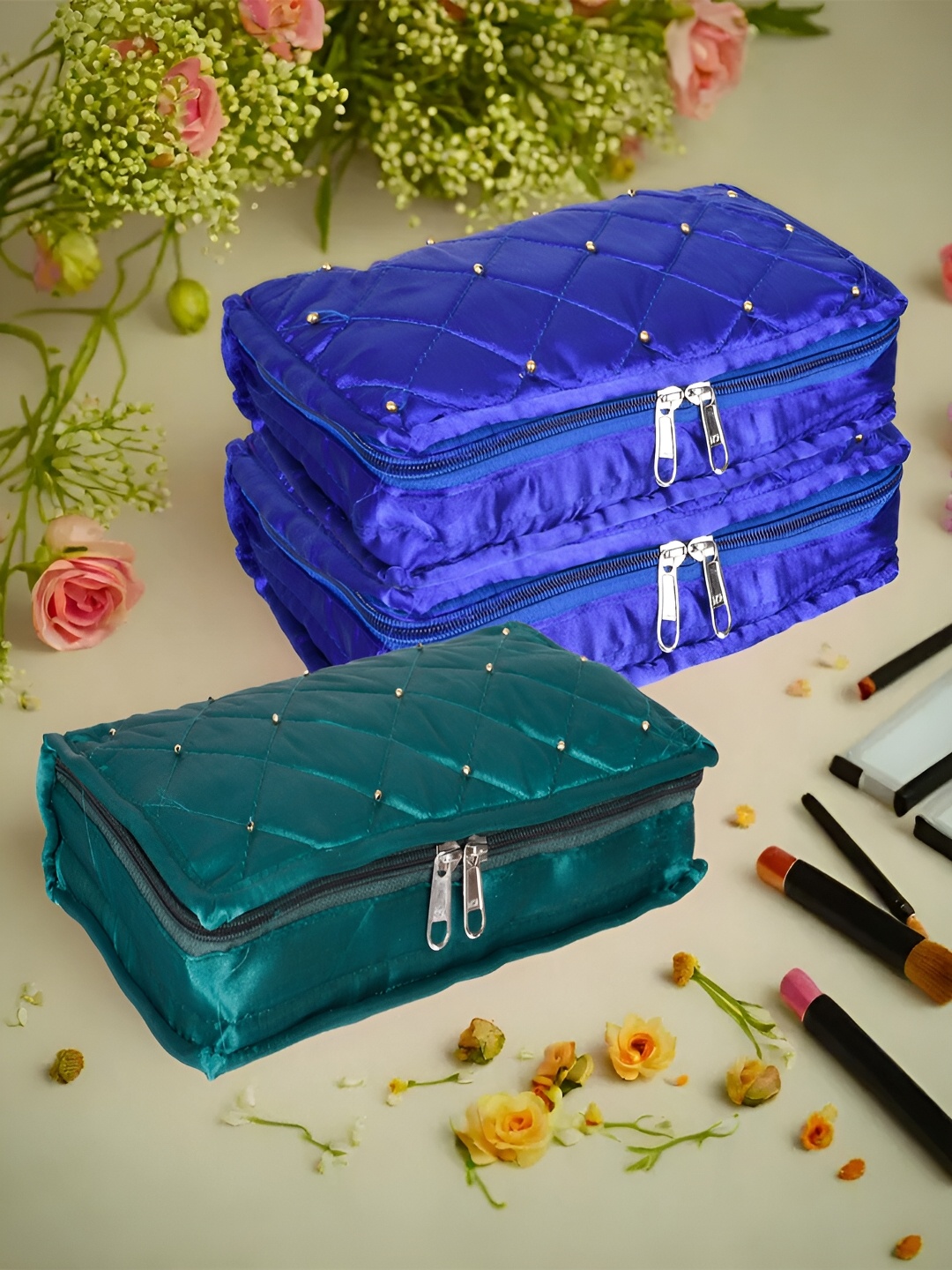 

Kuber Industries Blue & Green 3 Pieces Self Design Reusable Jewellery Organisers
