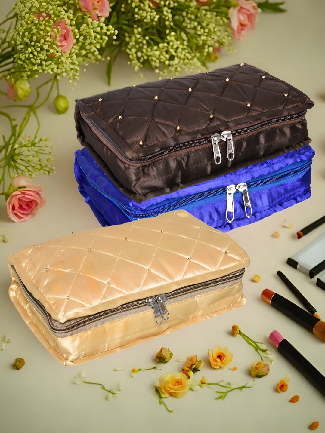 

Kuber Industries Blue and Brown 3 Pieces Reusable Jewellery Organisers