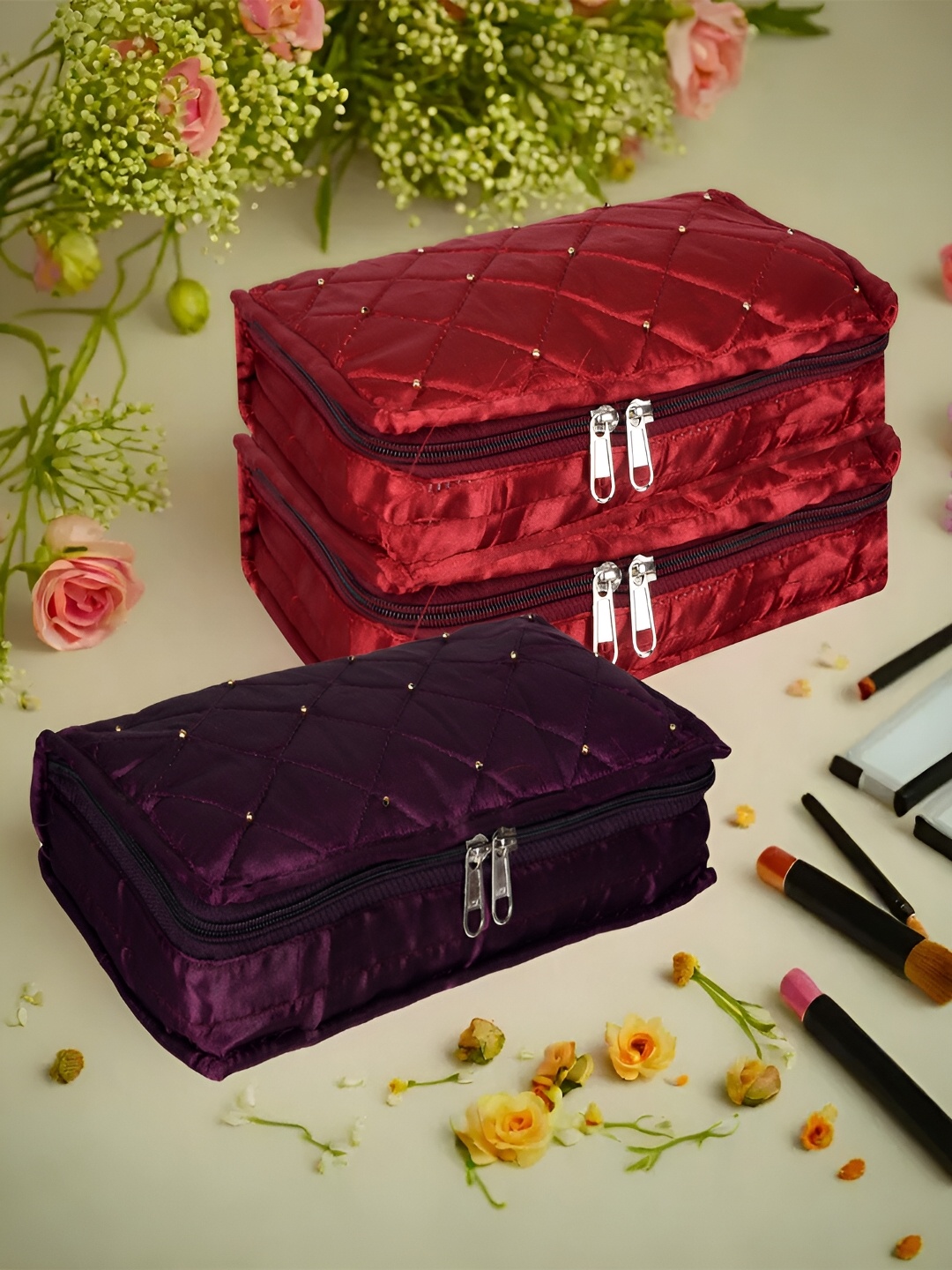 

Kuber Industries Purple & Maroon 3 Pieces Self Design Reusable Jewellery Organisers