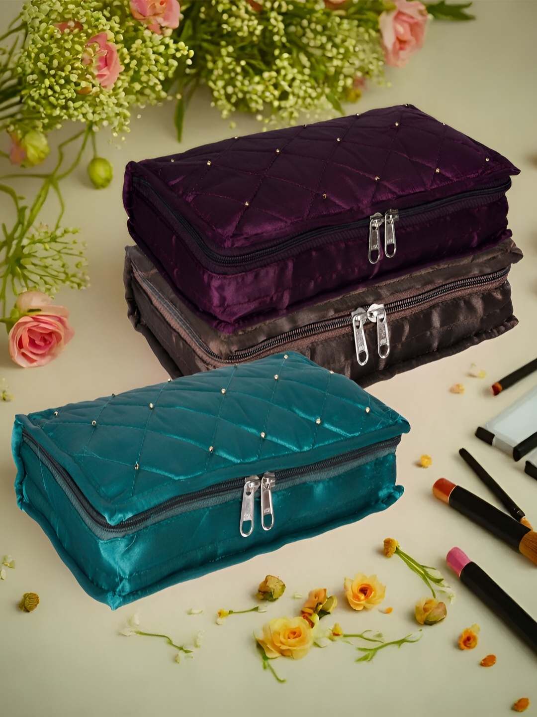 

Kuber Industries Purple & Green 3 Pieces Self Design Reusable Jewellery Organisers