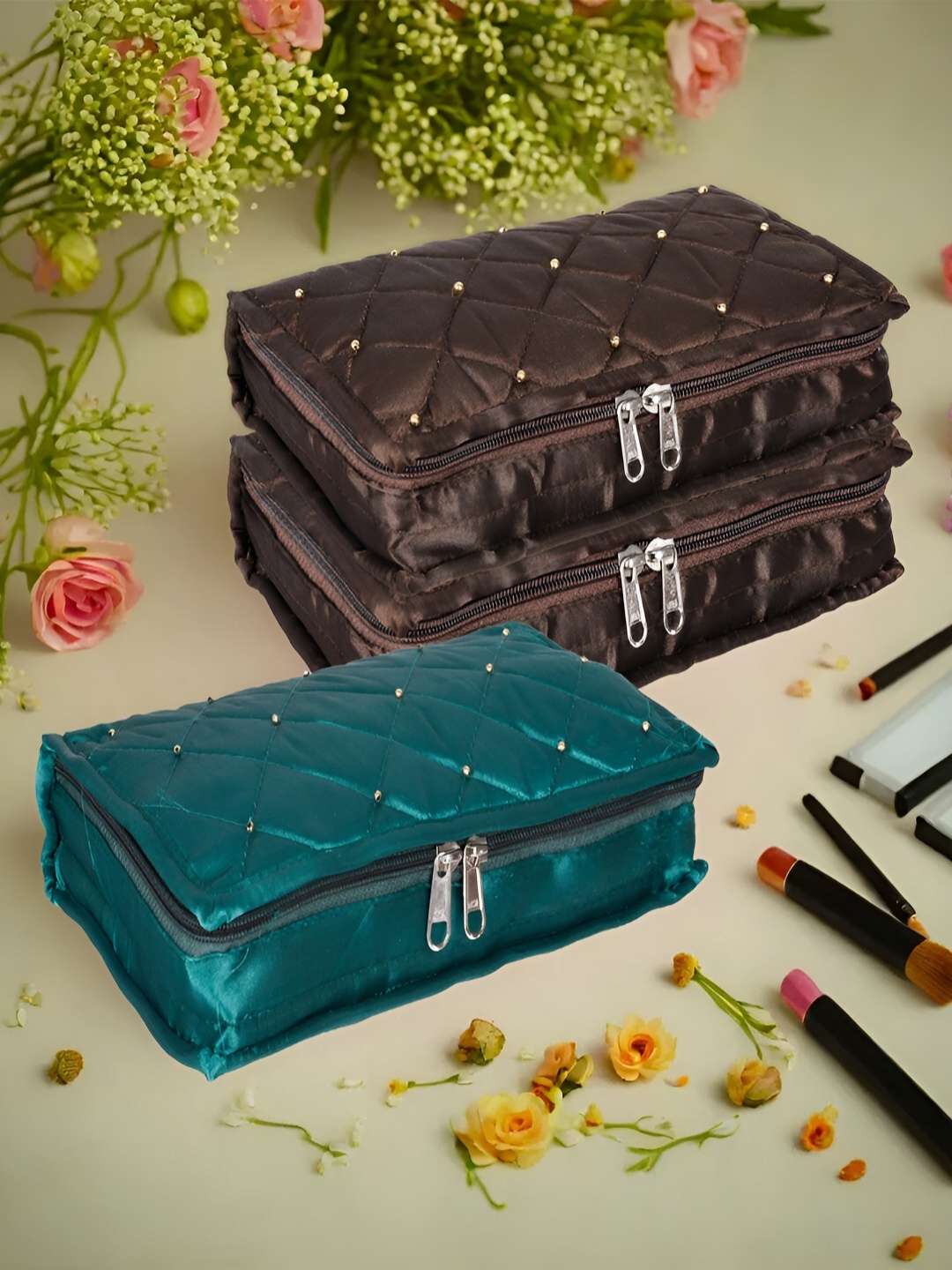 

Kuber Industries Brown & Green 3 Pieces Self Design Reusable Jewellery Organisers