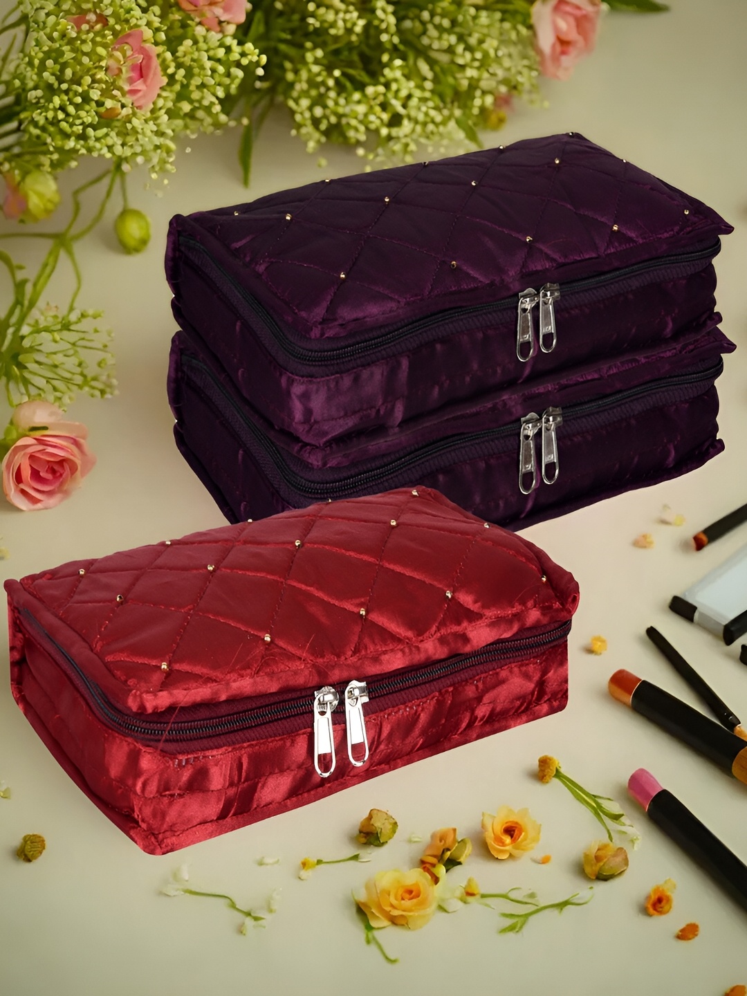 

Kuber Industries Purple & Maroon 3 Pieces Self Design Reusable Jewellery Organisers