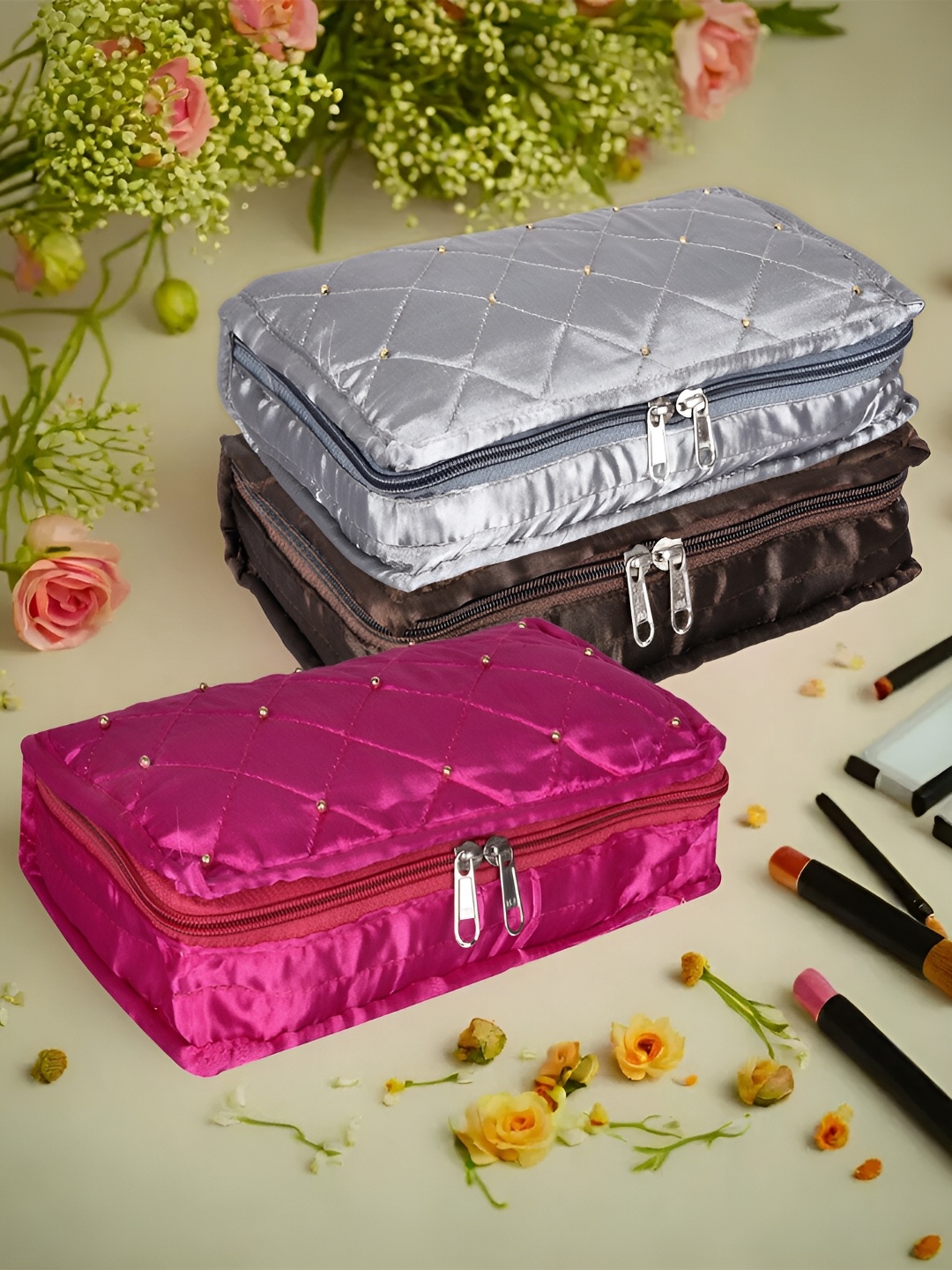 

Kuber Industries Pink & Grey 3 Pieces Self Design Reusable Jewellery Organisers