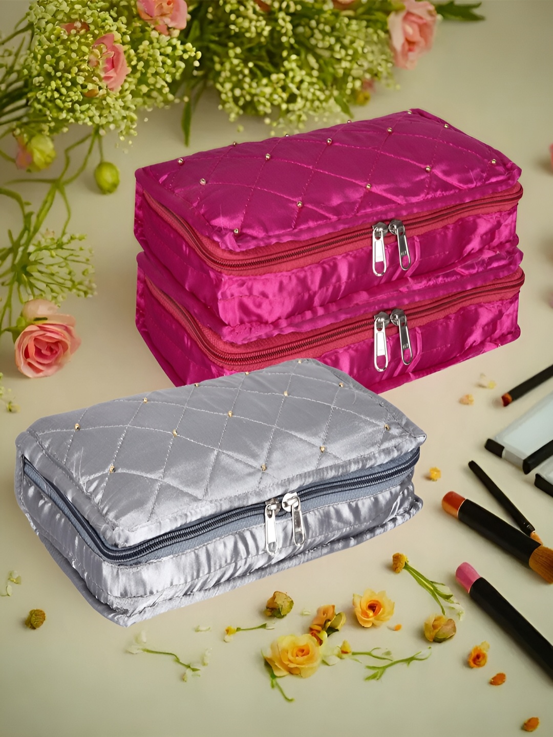

Kuber Industries Pink & Silver Toned 3 Pieces Textured Satin Jewellery Organisers