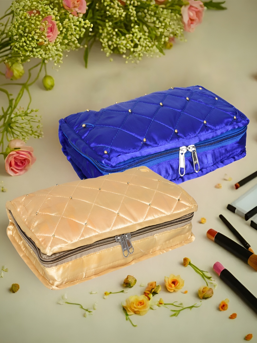 

Kuber Industries Blue & Beige 2 Pieces Self Design Reusable Jewellery Organisers