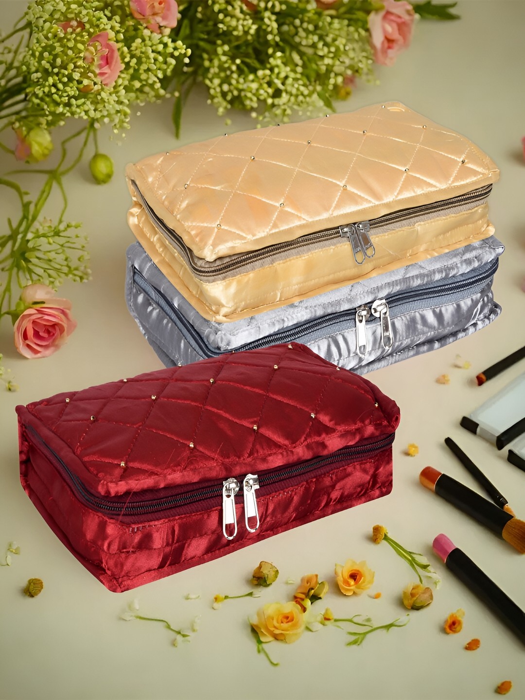 

Kuber Industries Red & Beige 3 Pieces Self Design Reusable Jewellery Organisers