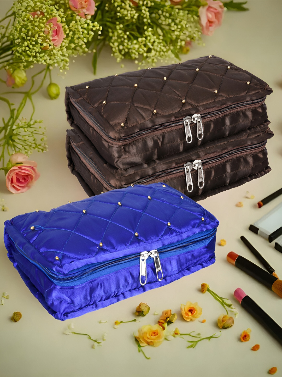 

Kuber Industries Blue & Brown 3 Pieces Self Design Reusable Jewellery Organisers