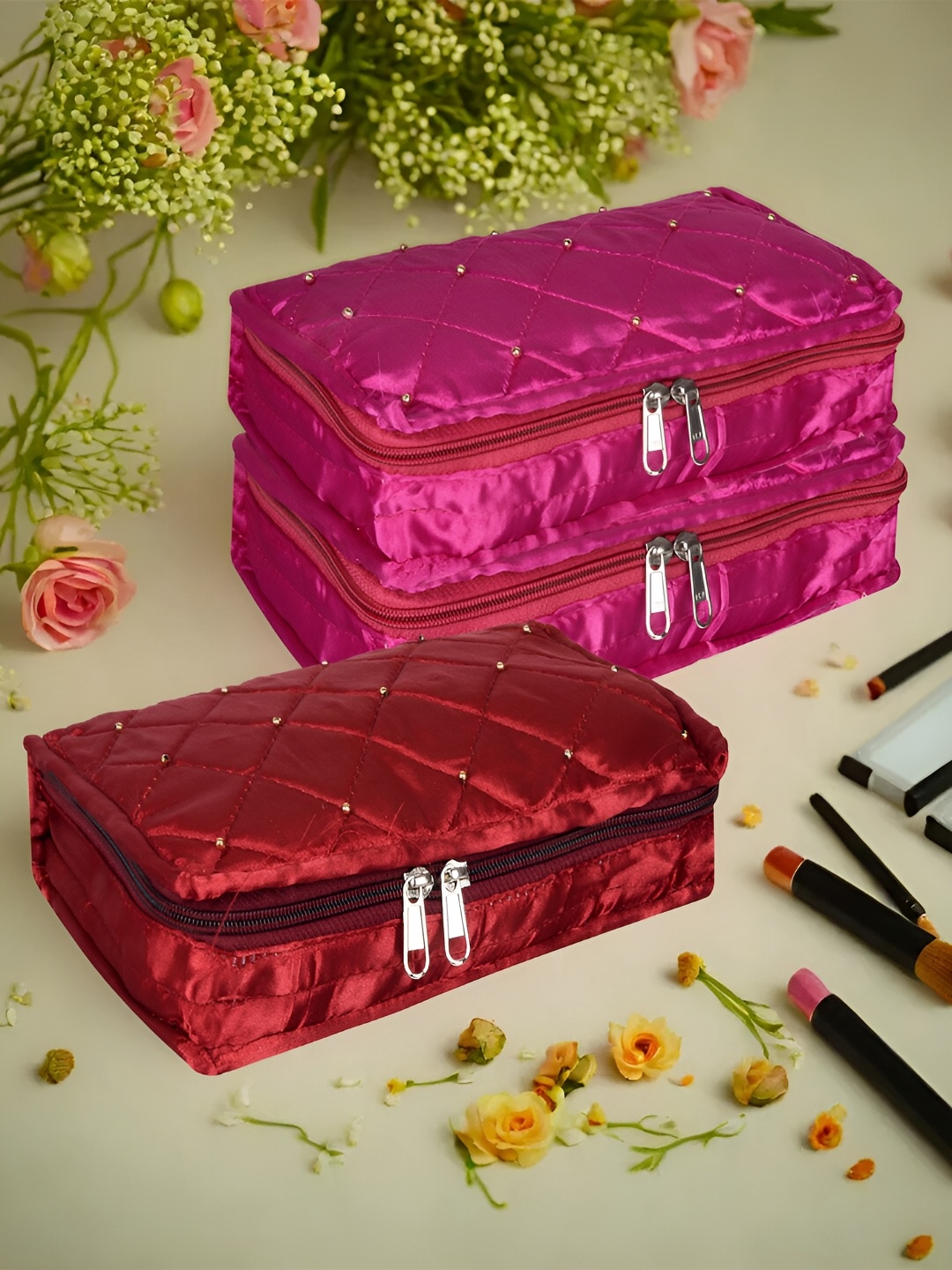 

Kuber Industries Pink 3 Pieces Reusable Jewellery Organisers