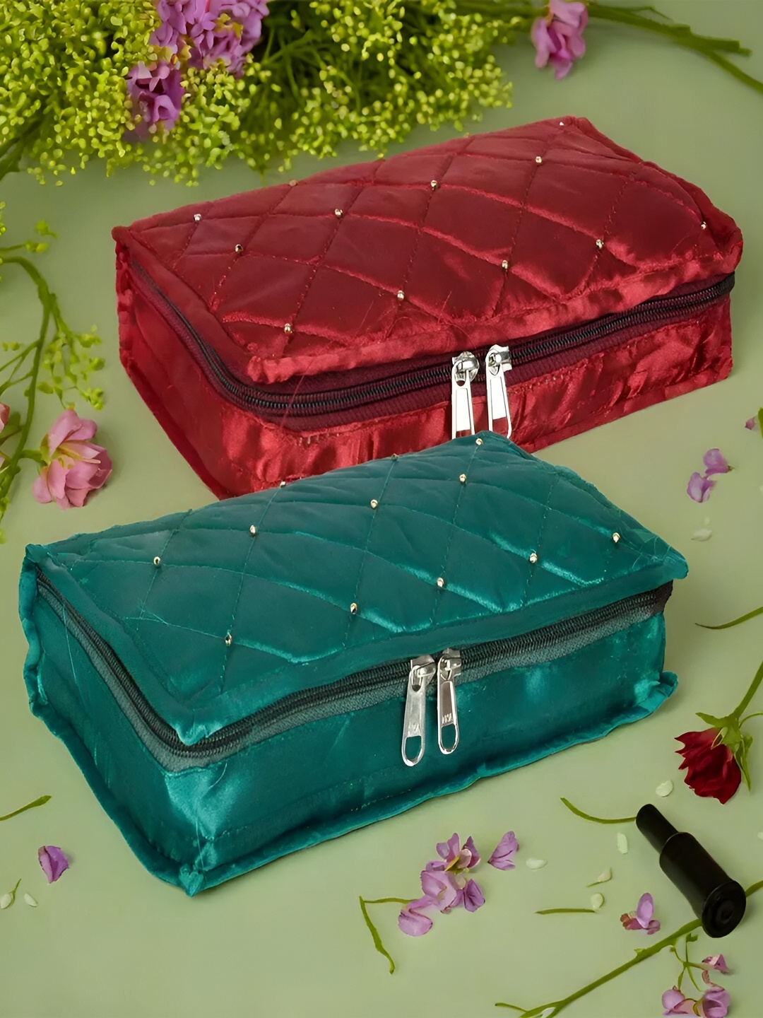 

Kuber Industries Red & Green 2 Pieces Self Design Reusable Jewellery Organisers