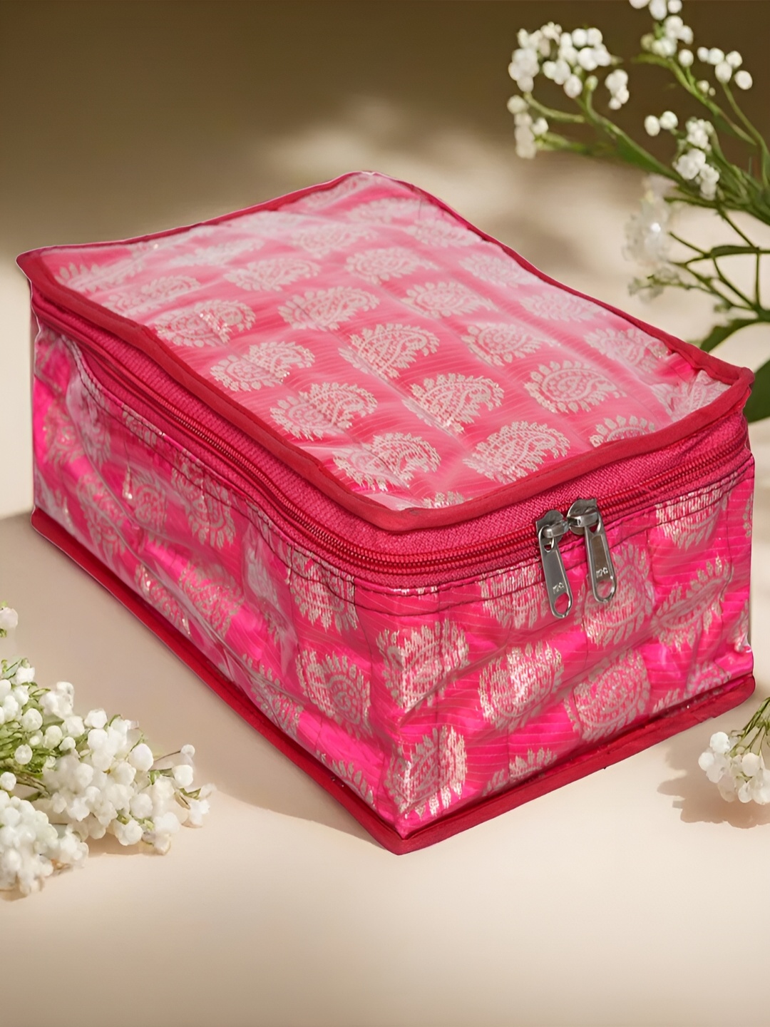 

Kuber Industries Red & White Floral Reusable Jewellery Organisers With Detachable Pouch