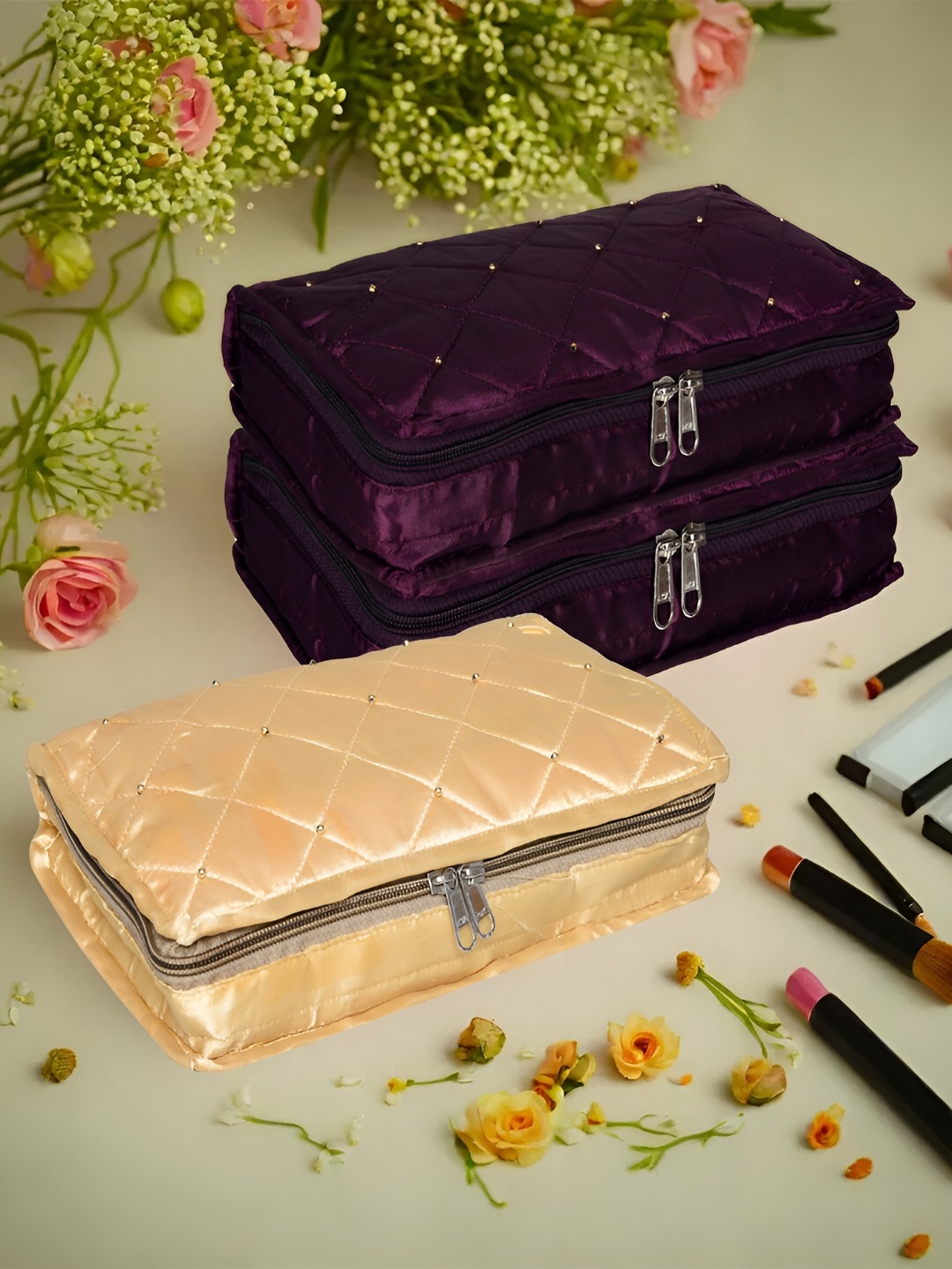 

Kuber Industries Purple & Beige 3 Pieces Self Design Reusable Jewellery Organisers