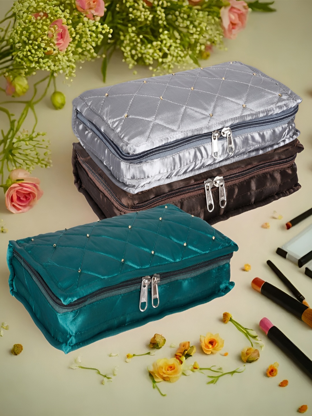 

Kuber Industries Grey & Brown 3 Pieces Self Design Reusable Jewellery Organisers