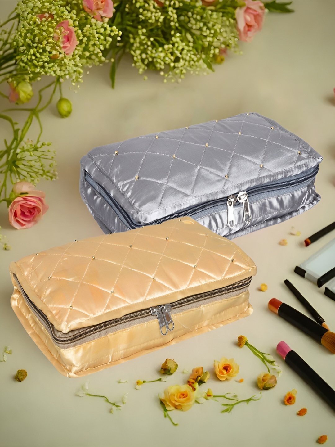 

Kuber Industries Grey & Beige 2 Pieces Self Design Reusable Jewellery Organisers