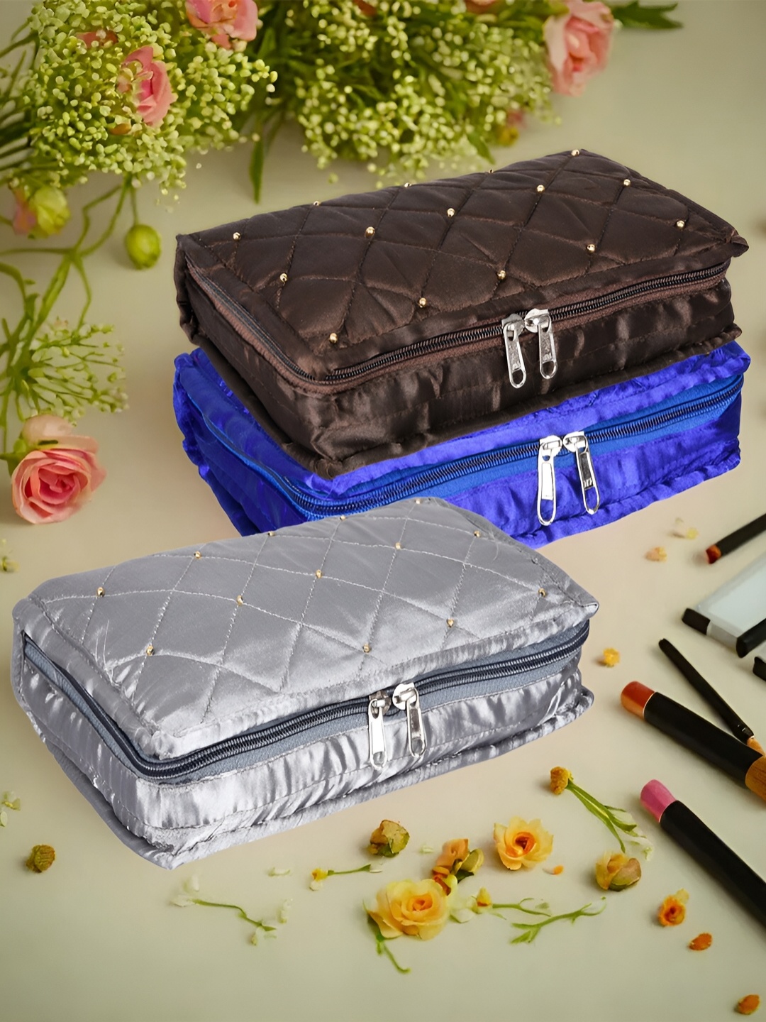 

Kuber Industries Blue & Brown 3 Pieces Reusable Jewellery Organiser