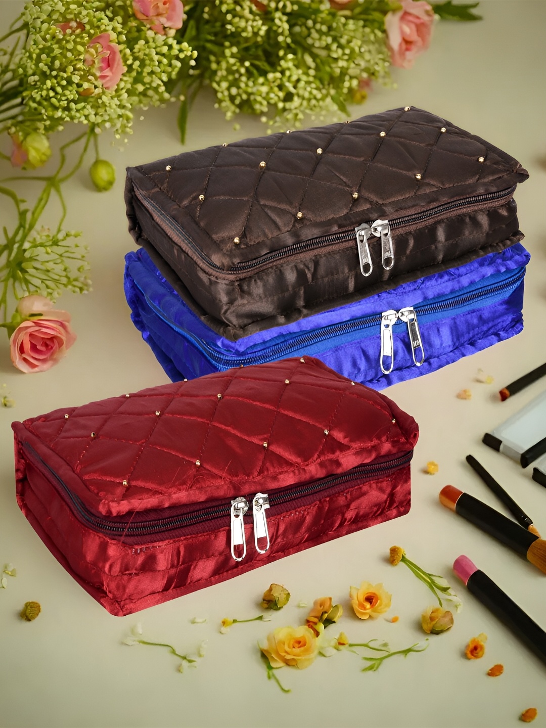 

Kuber Industries Brown & Blue 3 Pieces Self Design Reusable Jewellery Organisers