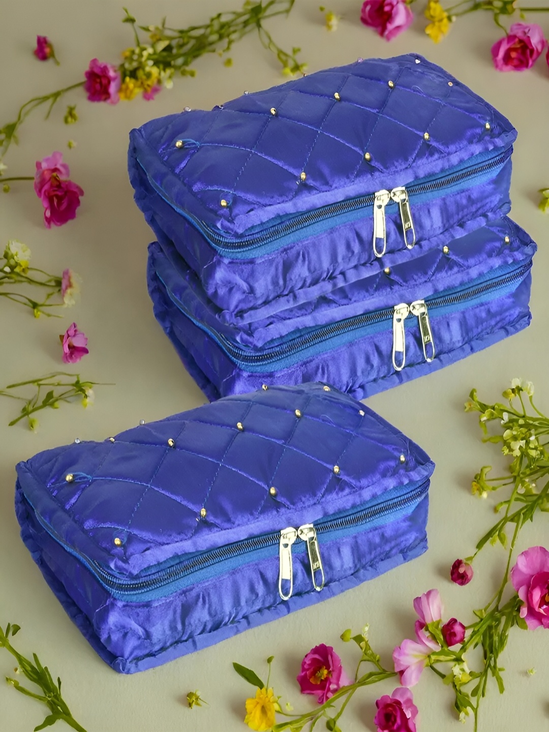 

Kuber Industries Blue 3 Pieces Self Design Reusable Jewellery Organisers