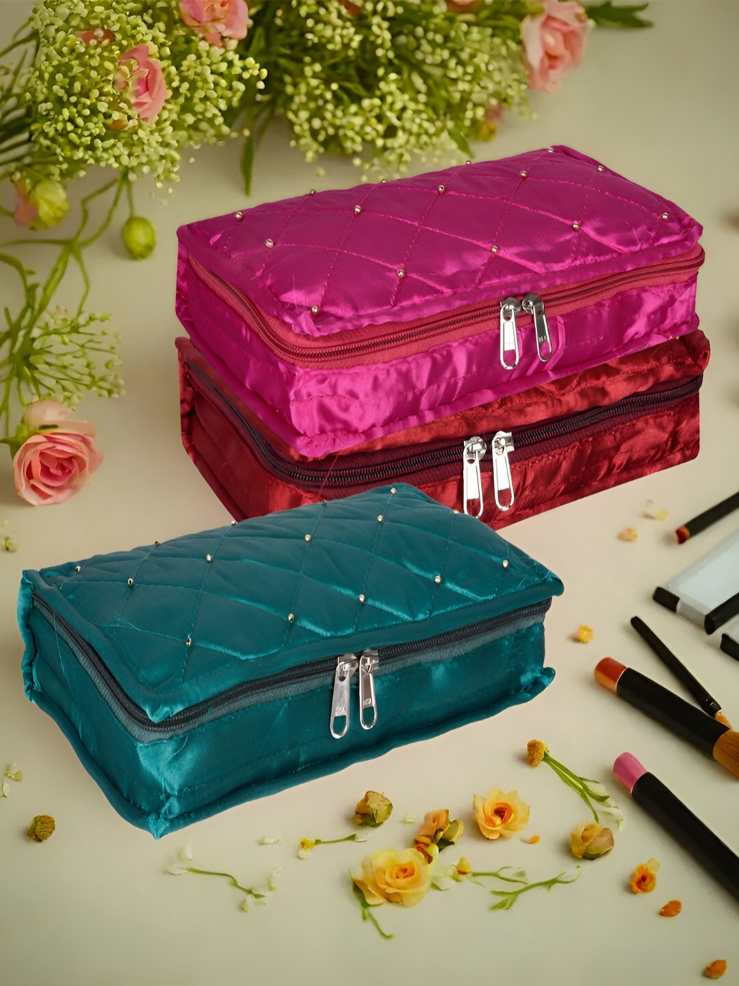 

Kuber Industries Pink and Green 3 Pieces Reusable Jewellery Organisers